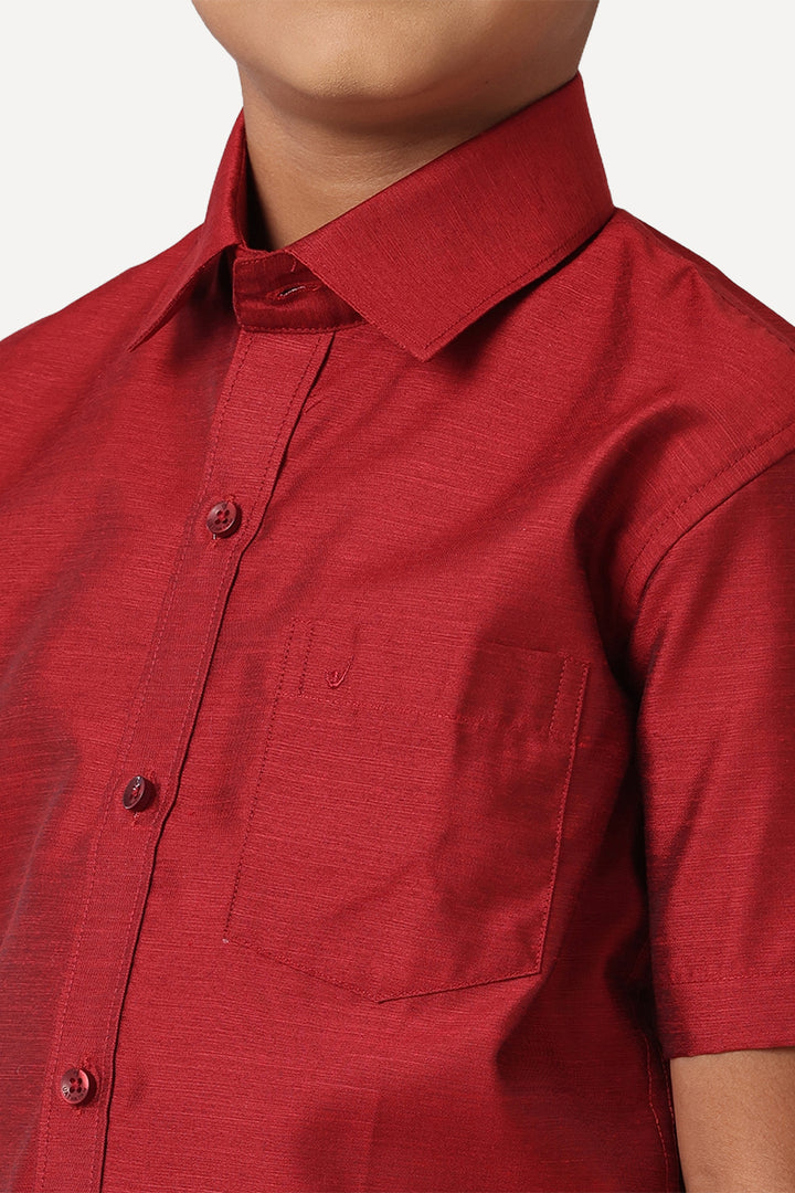 UATHAYAM Divine Cotton Silk Half Sleeve Solid Regular Fit Kids Shirt + Dhoti Set (Dark Red 13906)