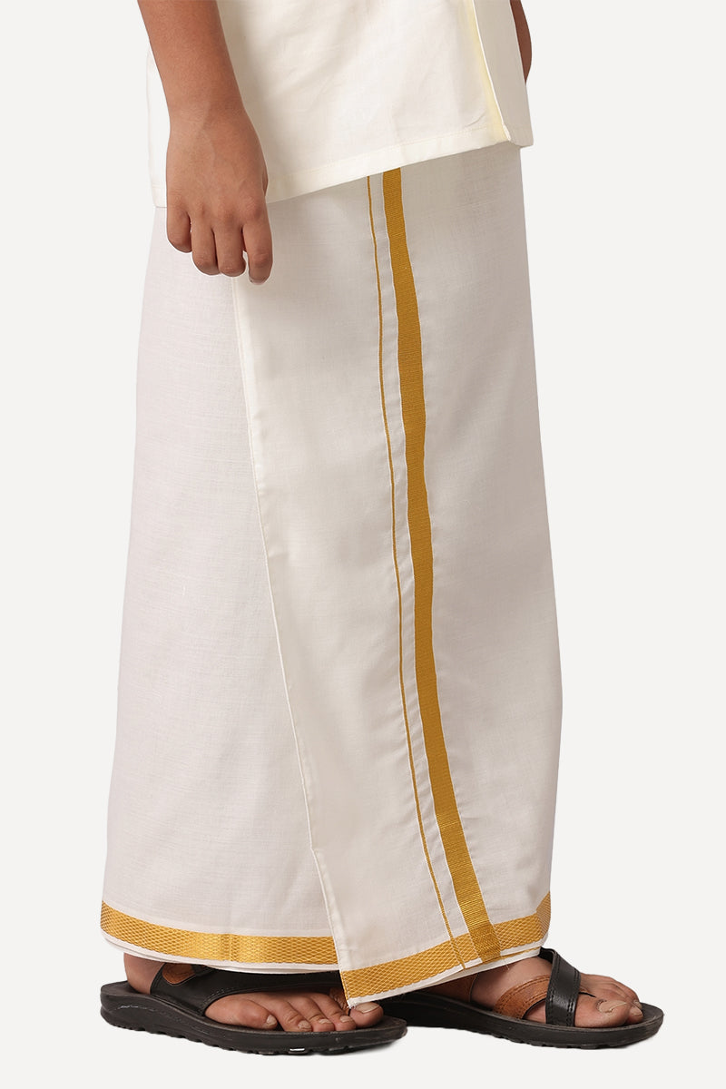 UATHAYAM Junior Star Premium Cream Cotton Half Sleeve Solid Regular Fit Shirt + Jari Dhoti Set For Kids