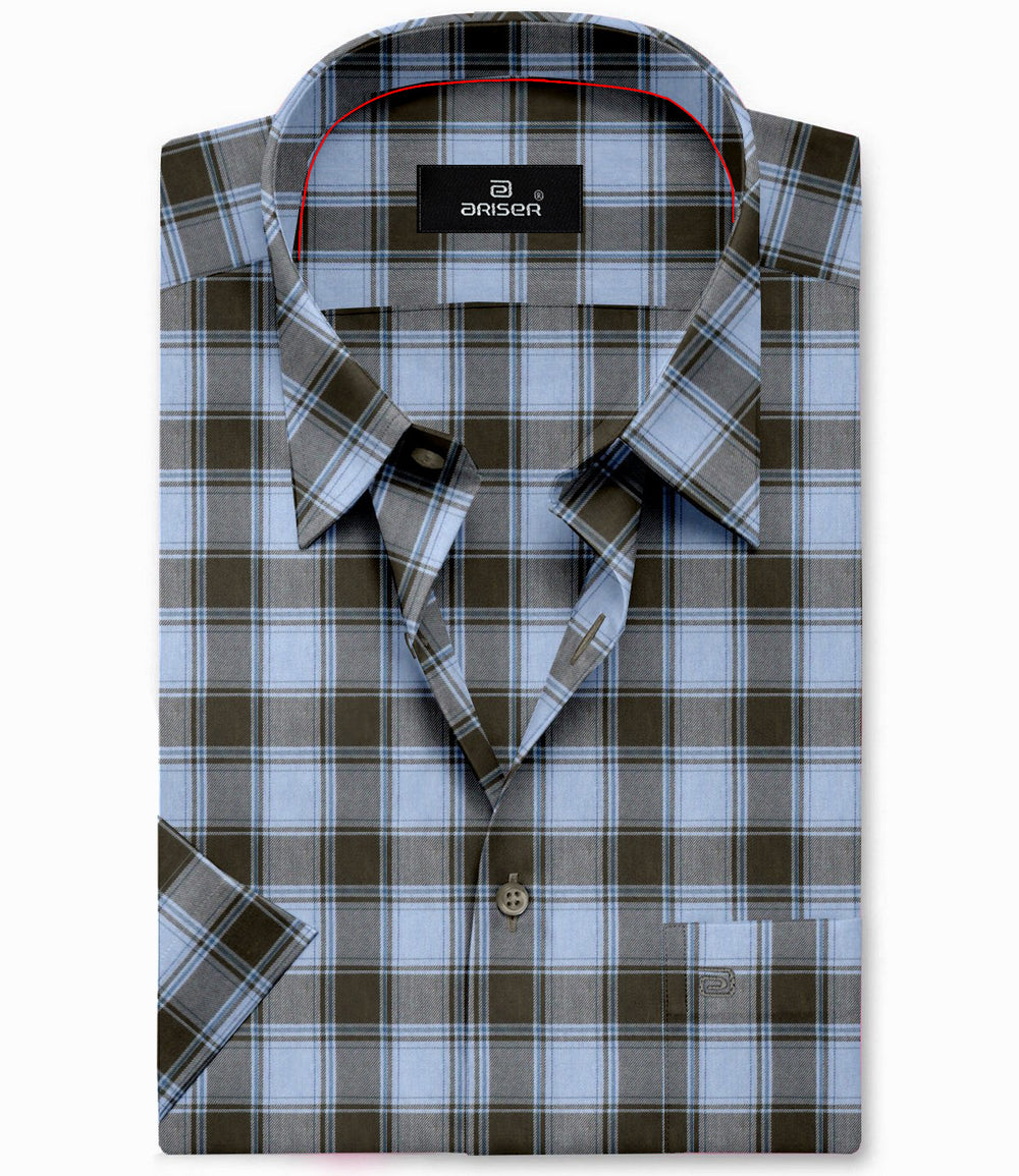 blue and brown check shirt