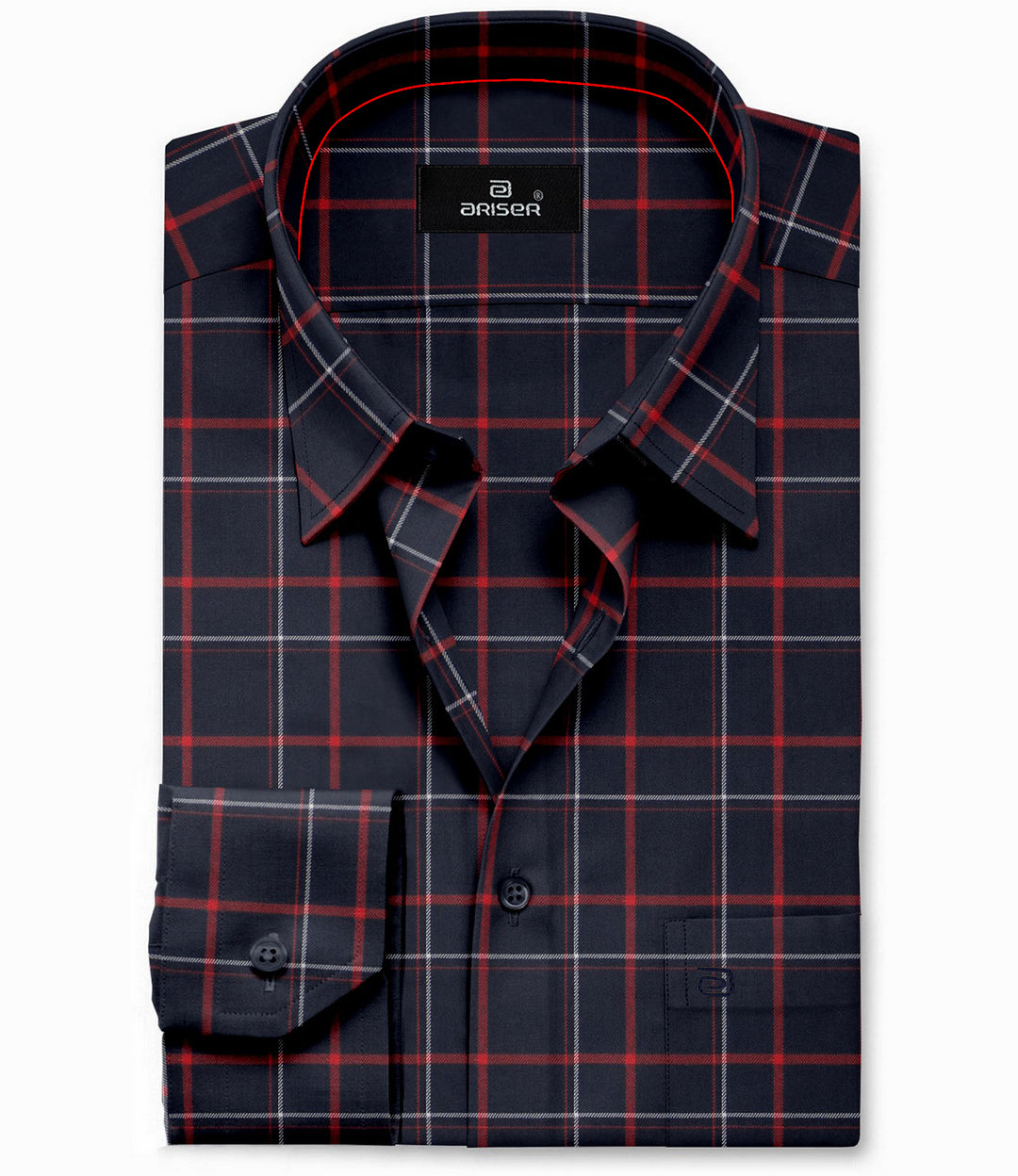 ARISER Vegas Navy Blue with Red Cotton Blend Solid Smart Fit Checked Shirts For Men - VE10221