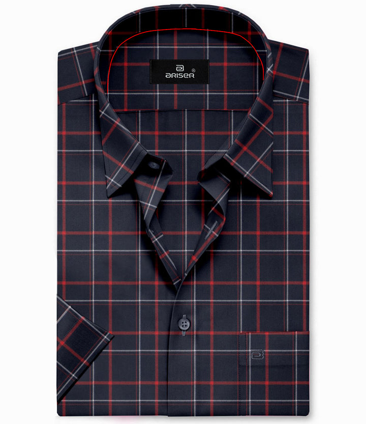 ARISER Vegas Navy Blue with Red Cotton Blend Solid Smart Fit Checked Shirts For Men - VE10221