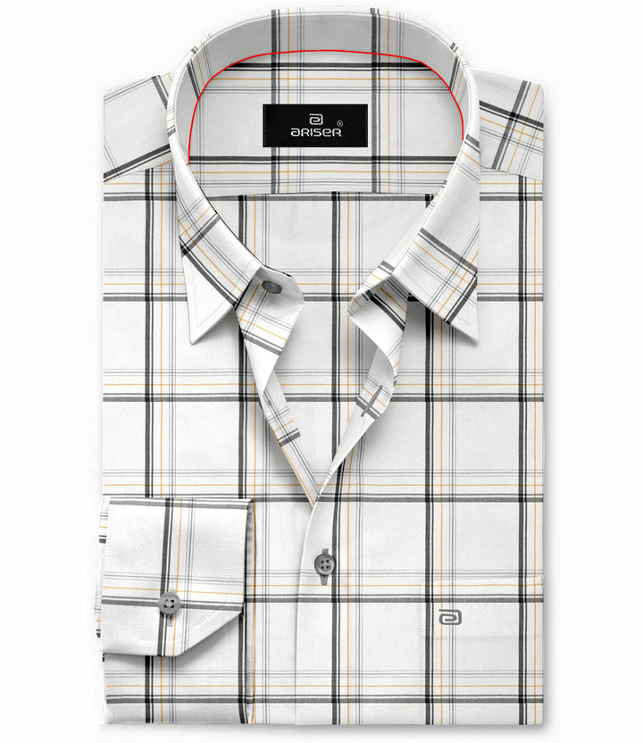 ARISER Vegas Off white with Black Cotton Blend Solid Smart Fit Checked Shirts For Men - VE10223