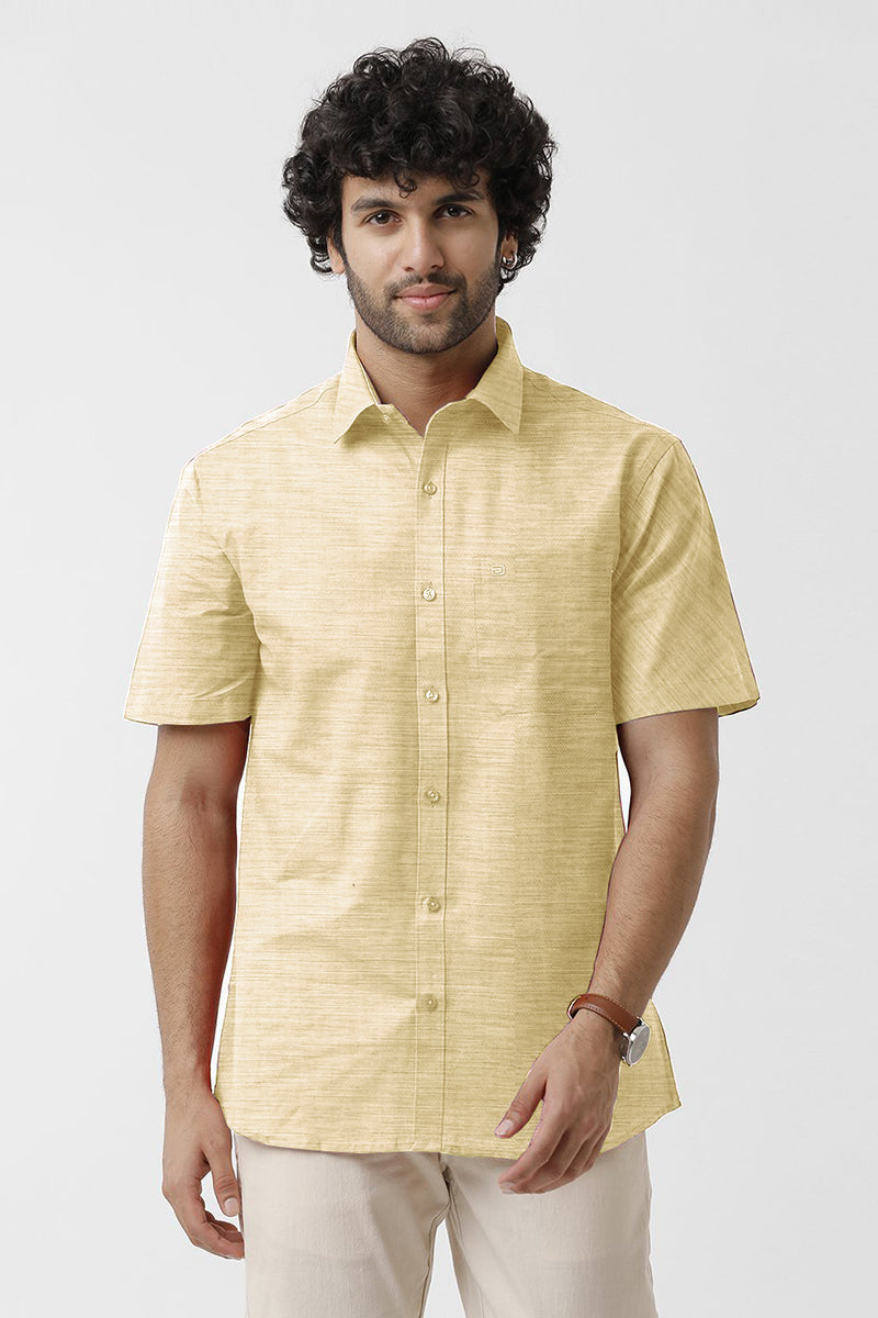 ARISER Tuscany Butter Milk Yellow Cotton Rich Solid Formal Half Sleeve Slim Fit Shirt for Men