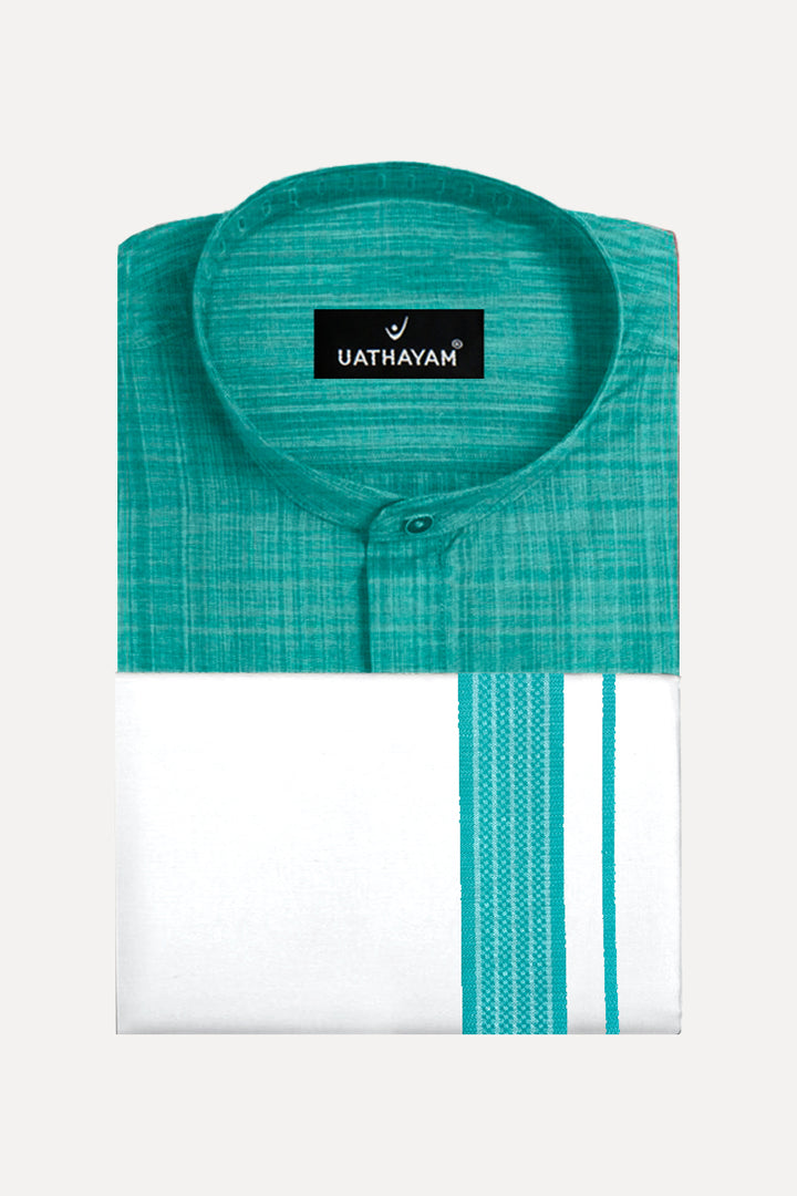 UATHAYAM Blue Turquoise Color Urban Short Kurta Matching Fancy Border Dhoti Set Full Sleeve For Men - 10603 (Assorted Borders)