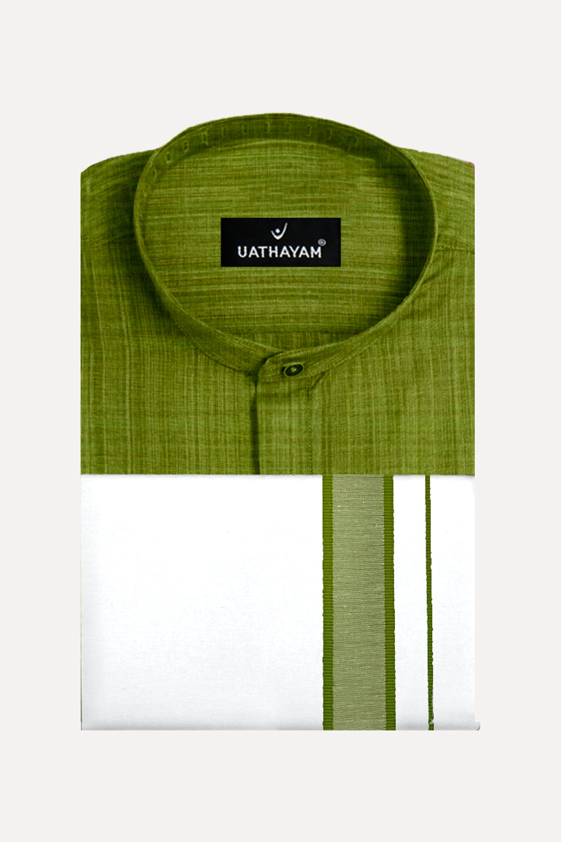 UATHAYAM Avocado Green Color Urban Short Kurta Matching Fancy Border Dhoti Set Full Sleeve For Men - 10605 (Assorted Borders)