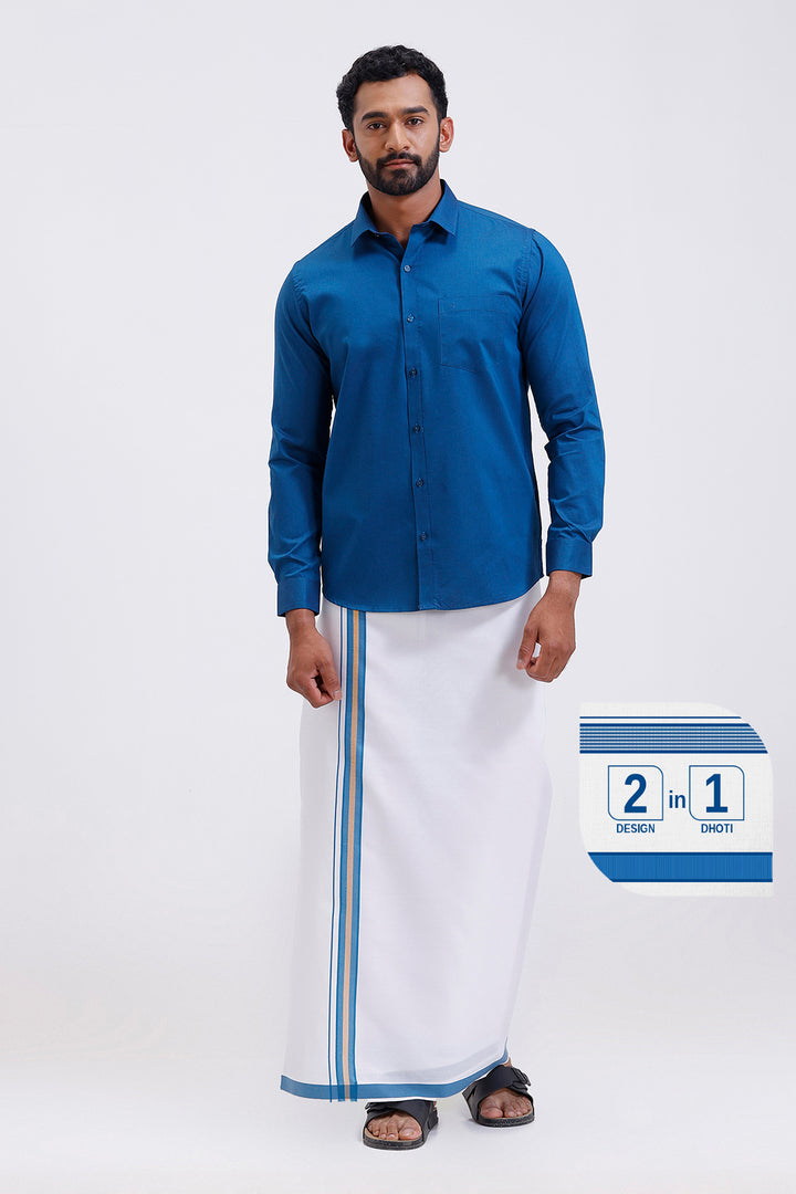 Traditional men navy blue shirt and fancy border dhoti set by Uathayam