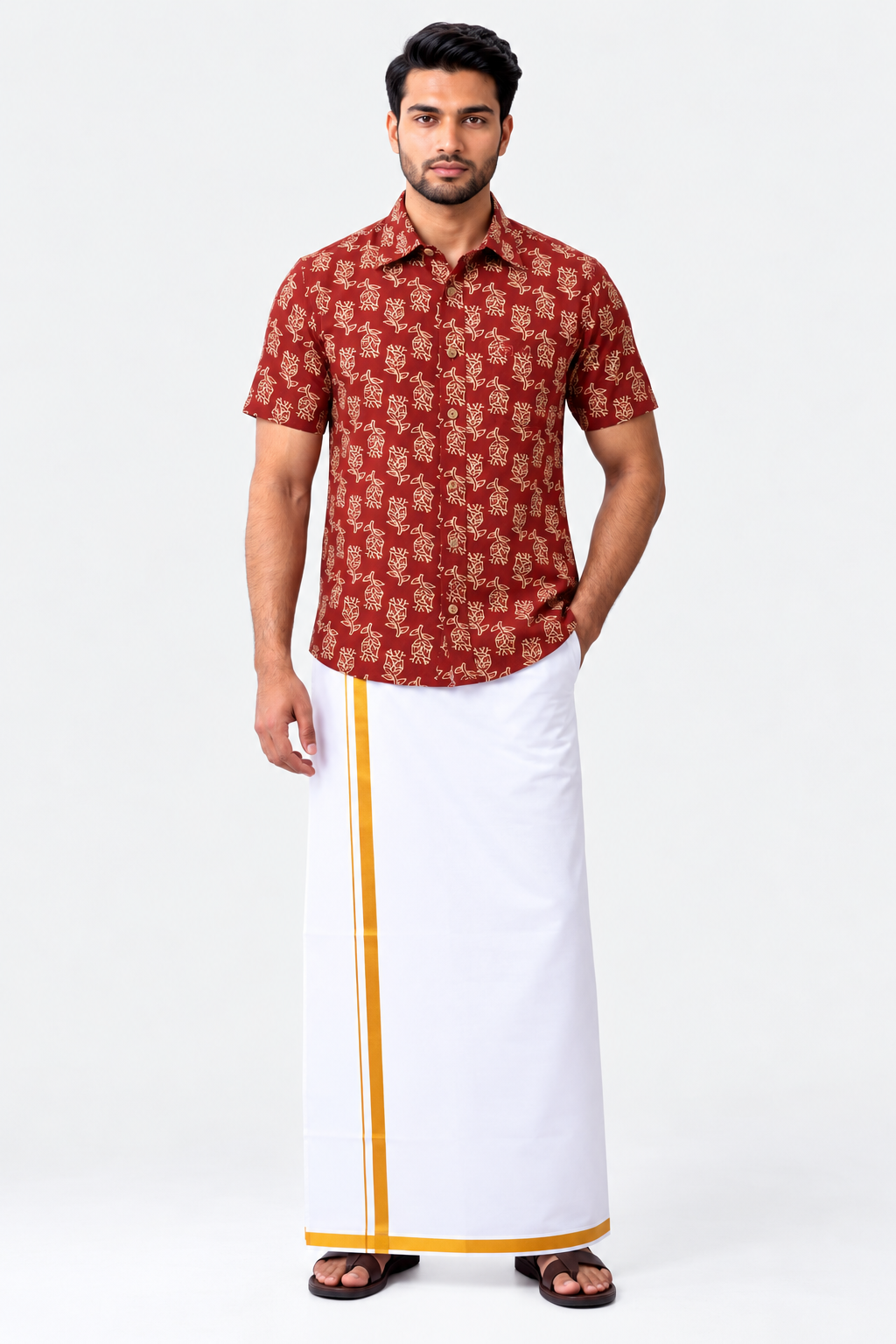 A man modeling a traditional Indian outfit consisting of a rust-red short-sleeve button-up shirt with a beige floral pattern and a white drape (kani) with a yellow border, paired with black sandals, against a plain white studio background.