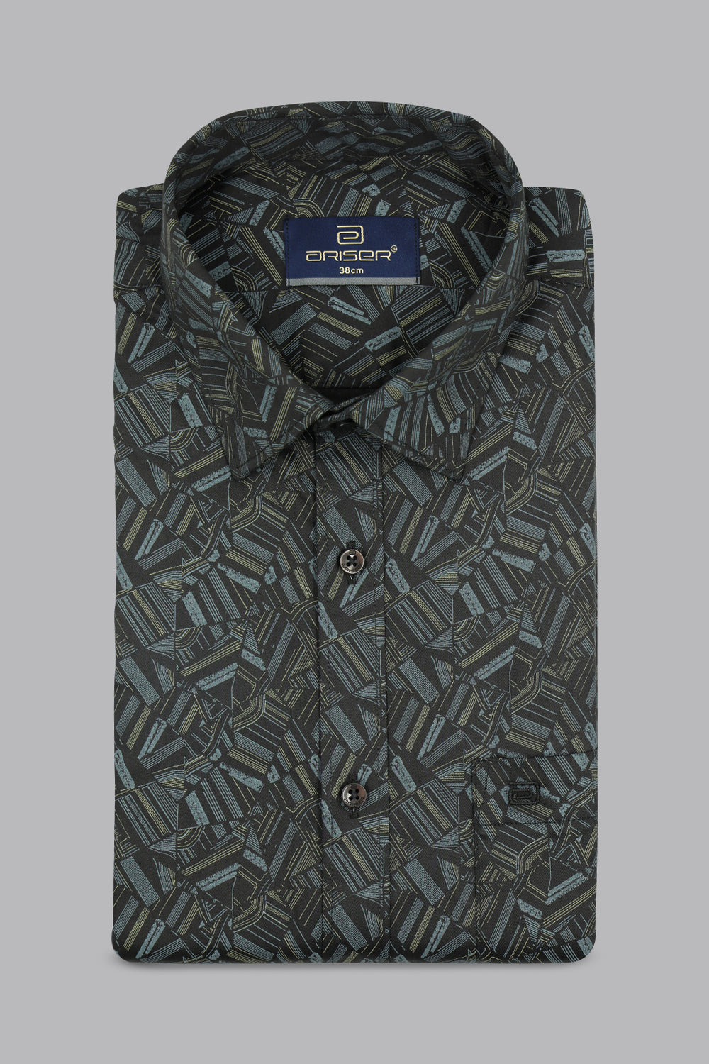 Printed shirt with a brand label on a gray background