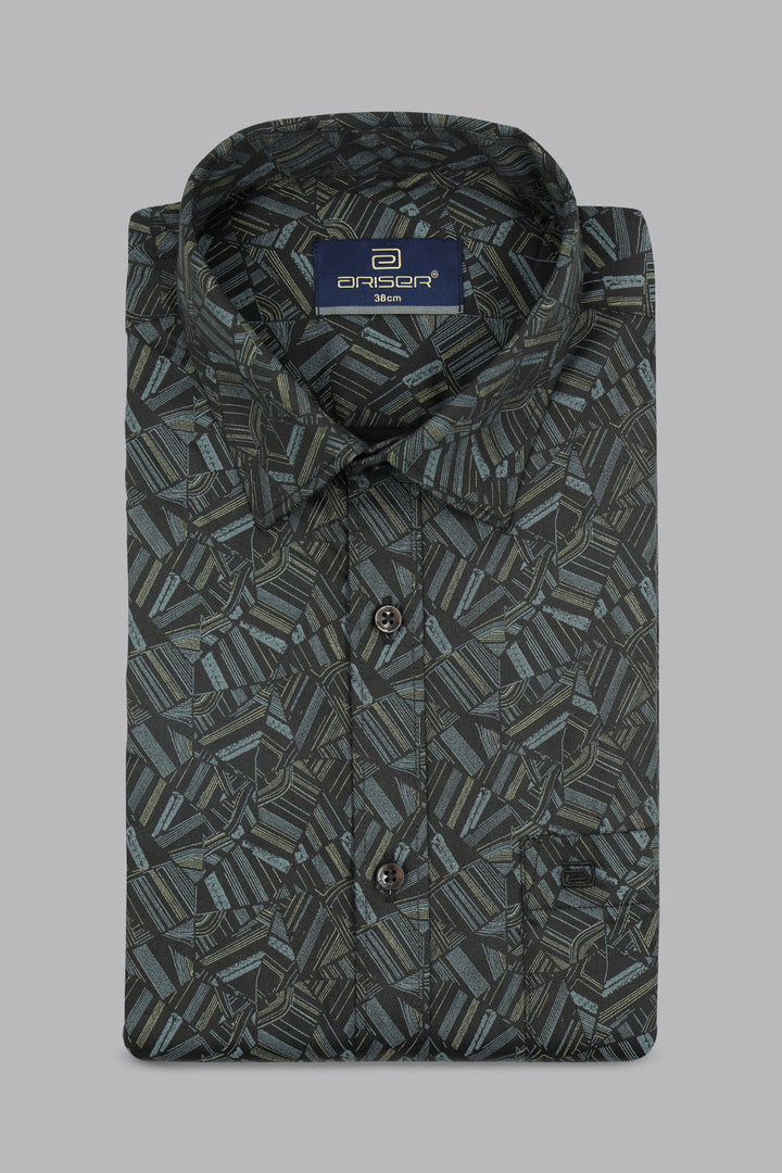 Printed shirt with a brand label on a gray background