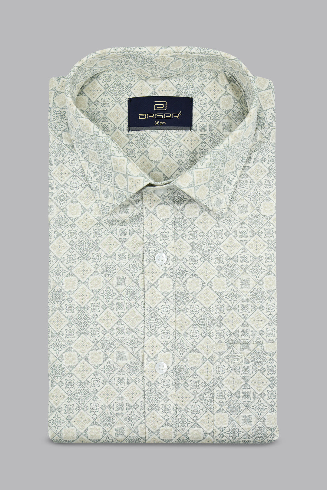 Patterned shirt with ariser brand label on a gray background