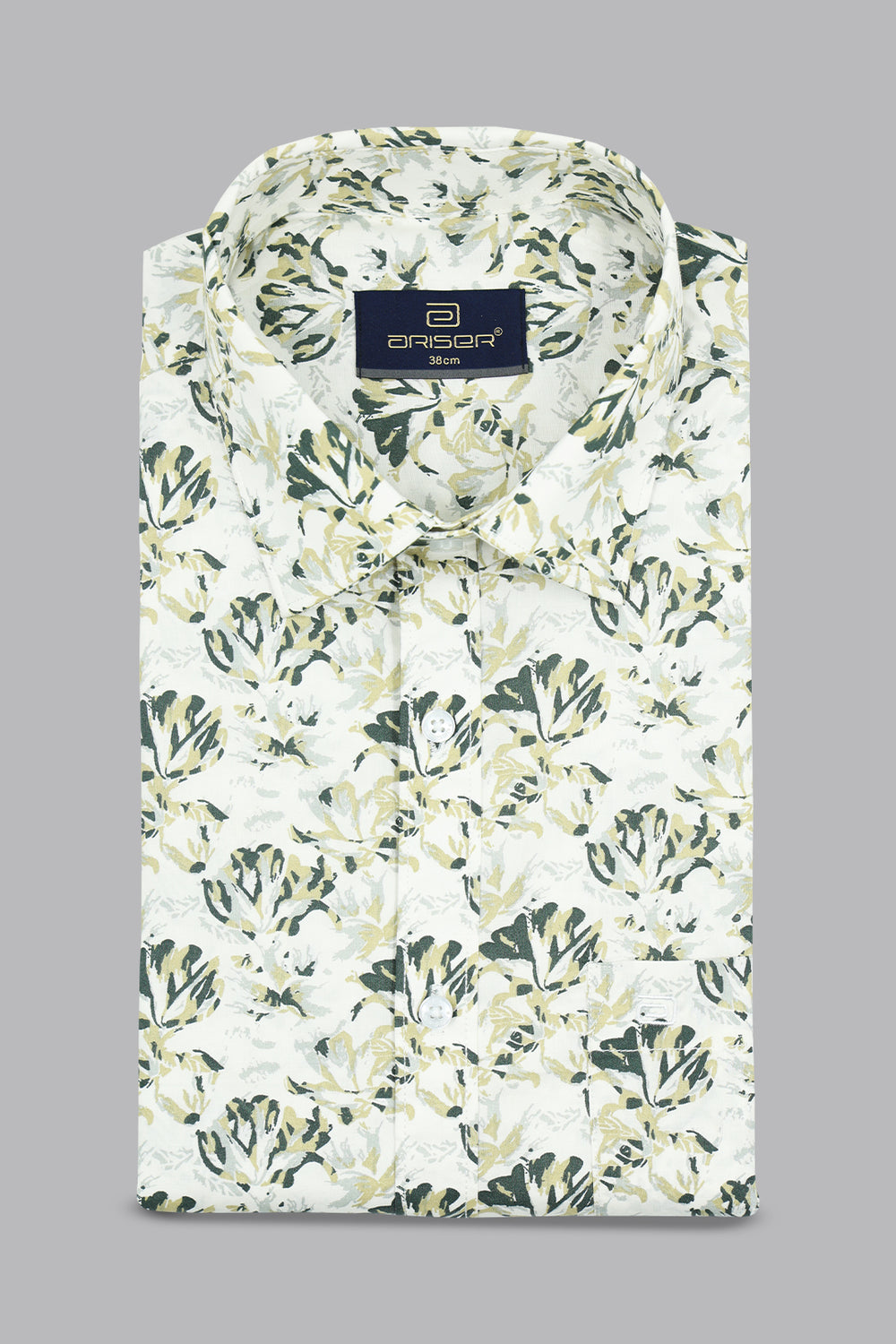 White Floral patterned shirt with a ariser brand label on a gray background