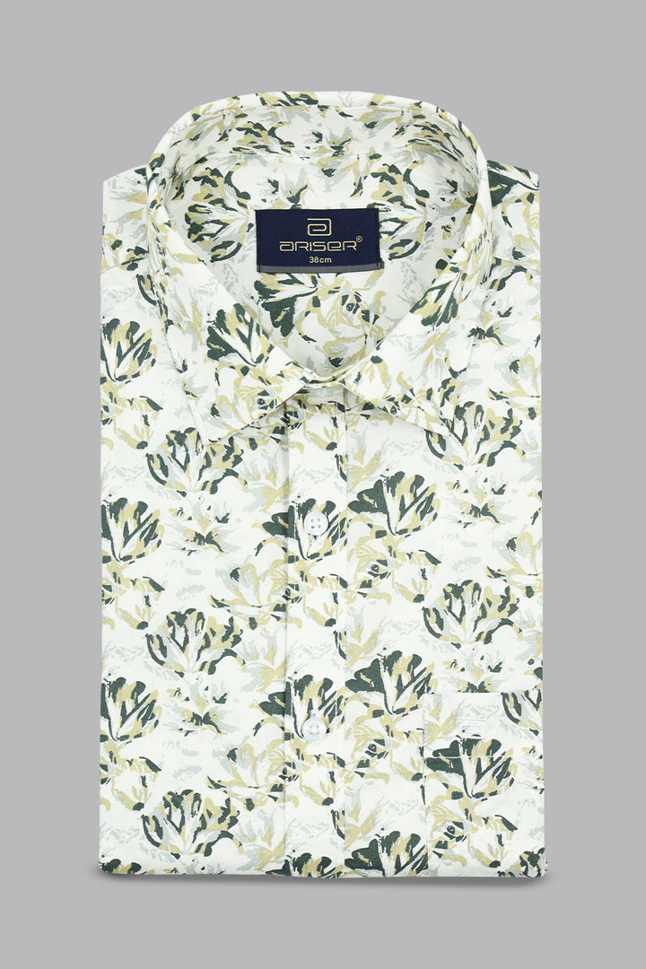 White Floral patterned shirt with a ariser brand label on a gray background