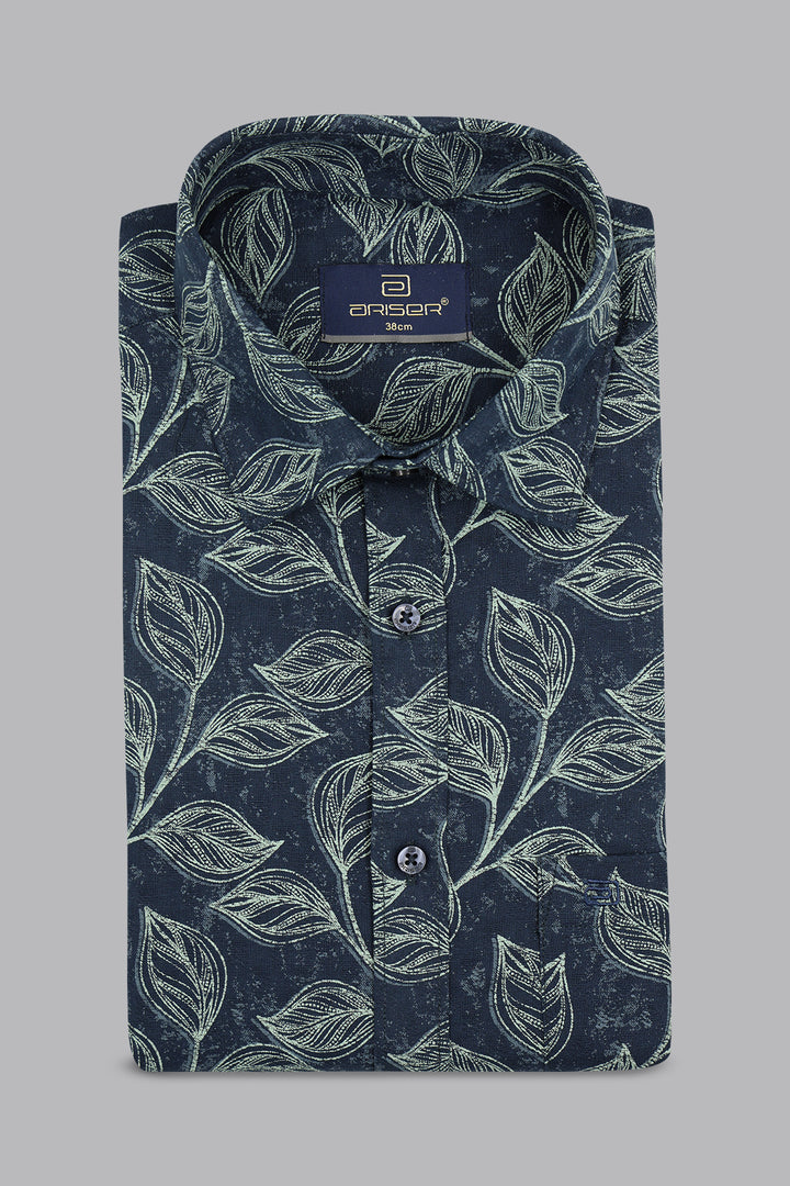 Dark blue shirt with leaf pattern on a gray background