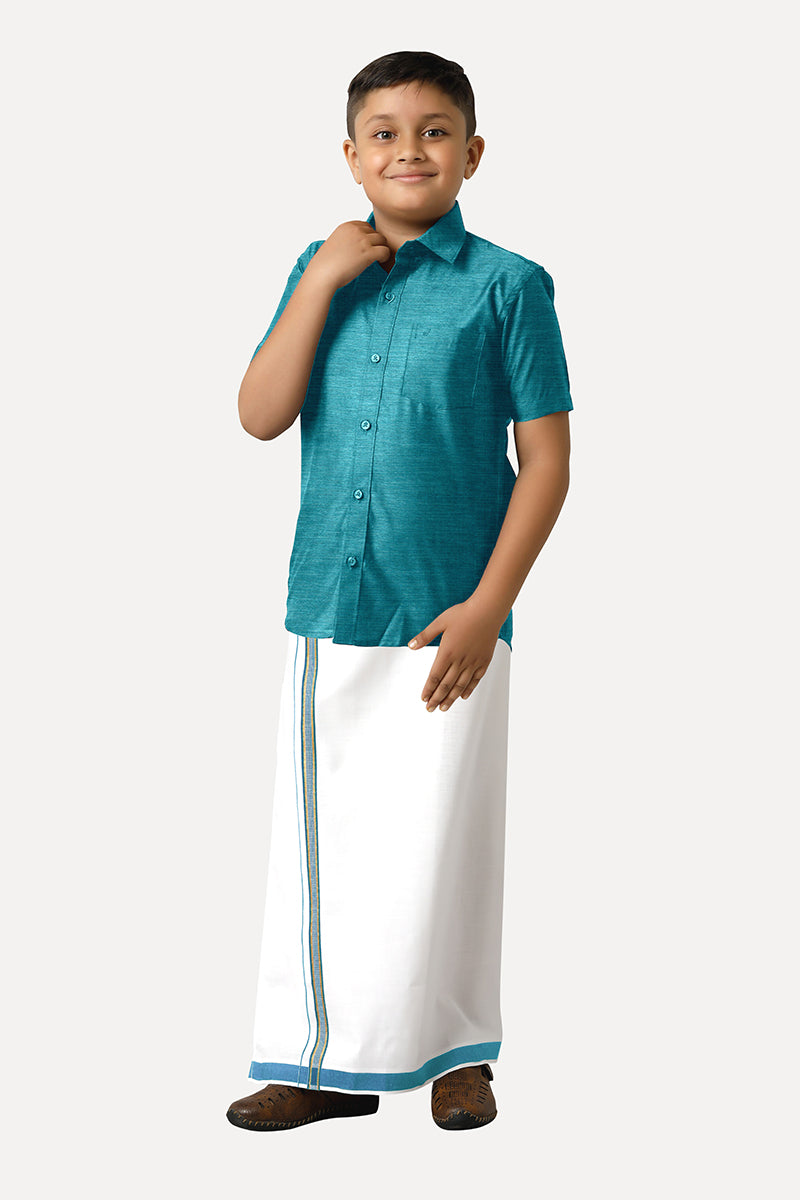 UATHAYAM Divine Cotton Silk Half Sleeve Solid Regular Fit Kids Shirt + Dhoti Set (Ramar Blue 13902)