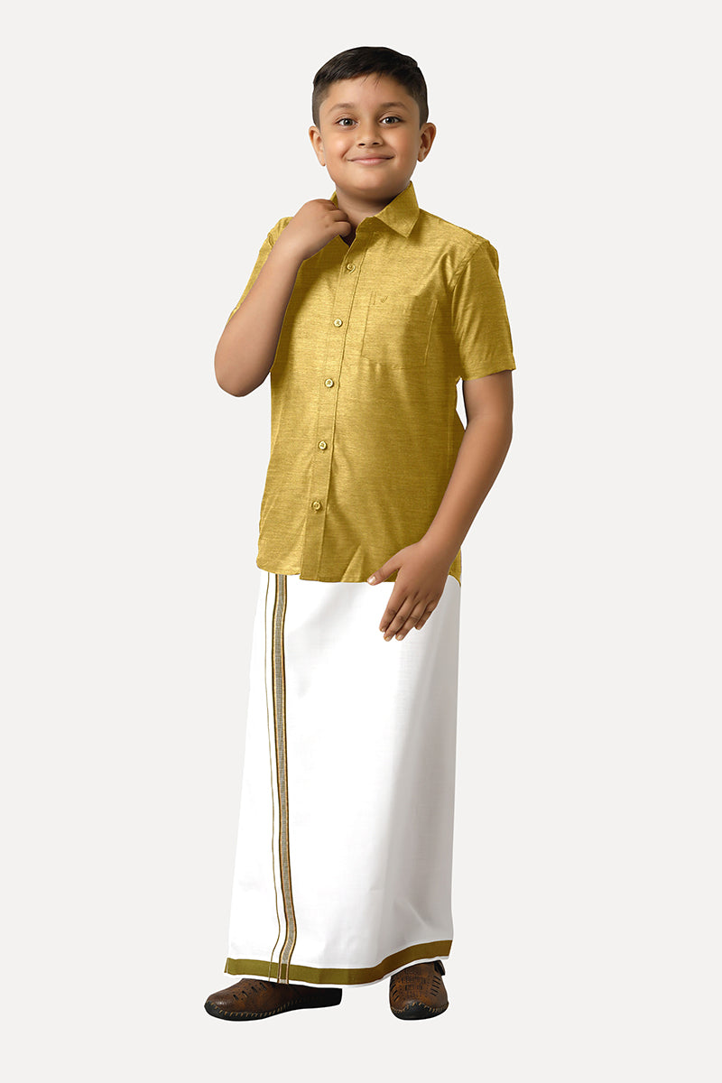 UATHAYAM Divine Cotton Silk Half Sleeve Solid Regular Fit Kids Shirt + Dhoti Set (Mustard Yellow 13903)
