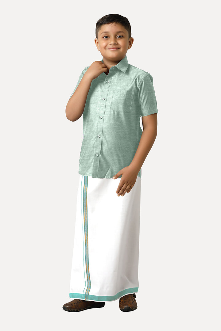 UATHAYAM Divine Cotton Silk Half Sleeve Solid Regular Fit Kids Shirt + Dhoti Set (Peach Green 13915)