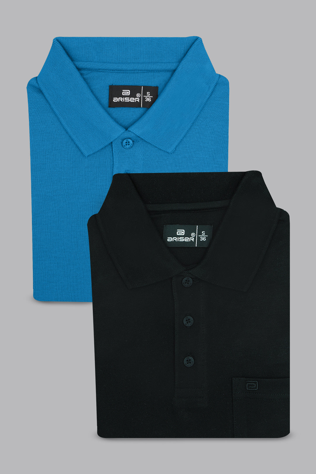Folded blue and black polo shirts with a brand label on a gray background