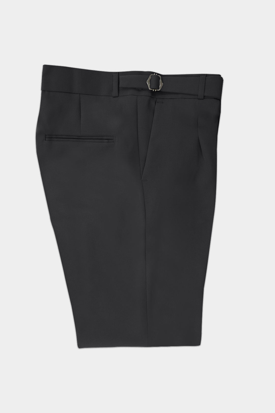 Black pants with a belt loop on a light gray background