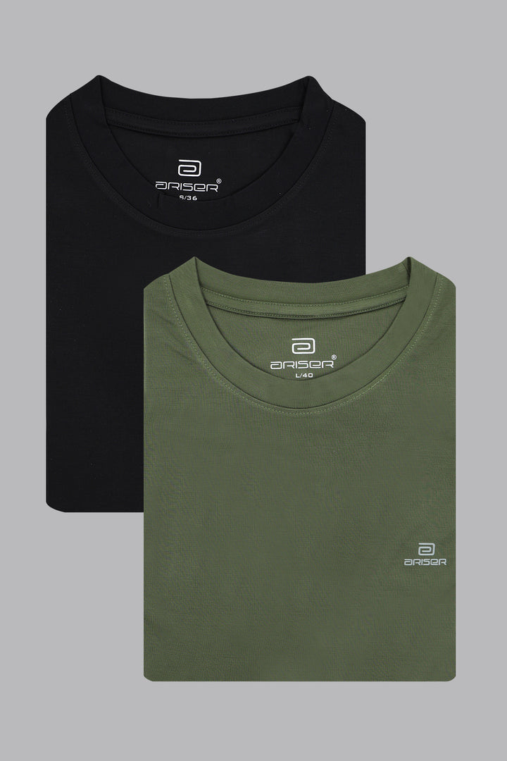 Sport Round Neck - Black and Army Green Solid T-Shirts Pack Of 2 Combo For Men | Ariser