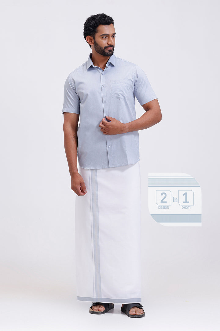 Pixel silver gray matching shirt paired with double design dhoti for men