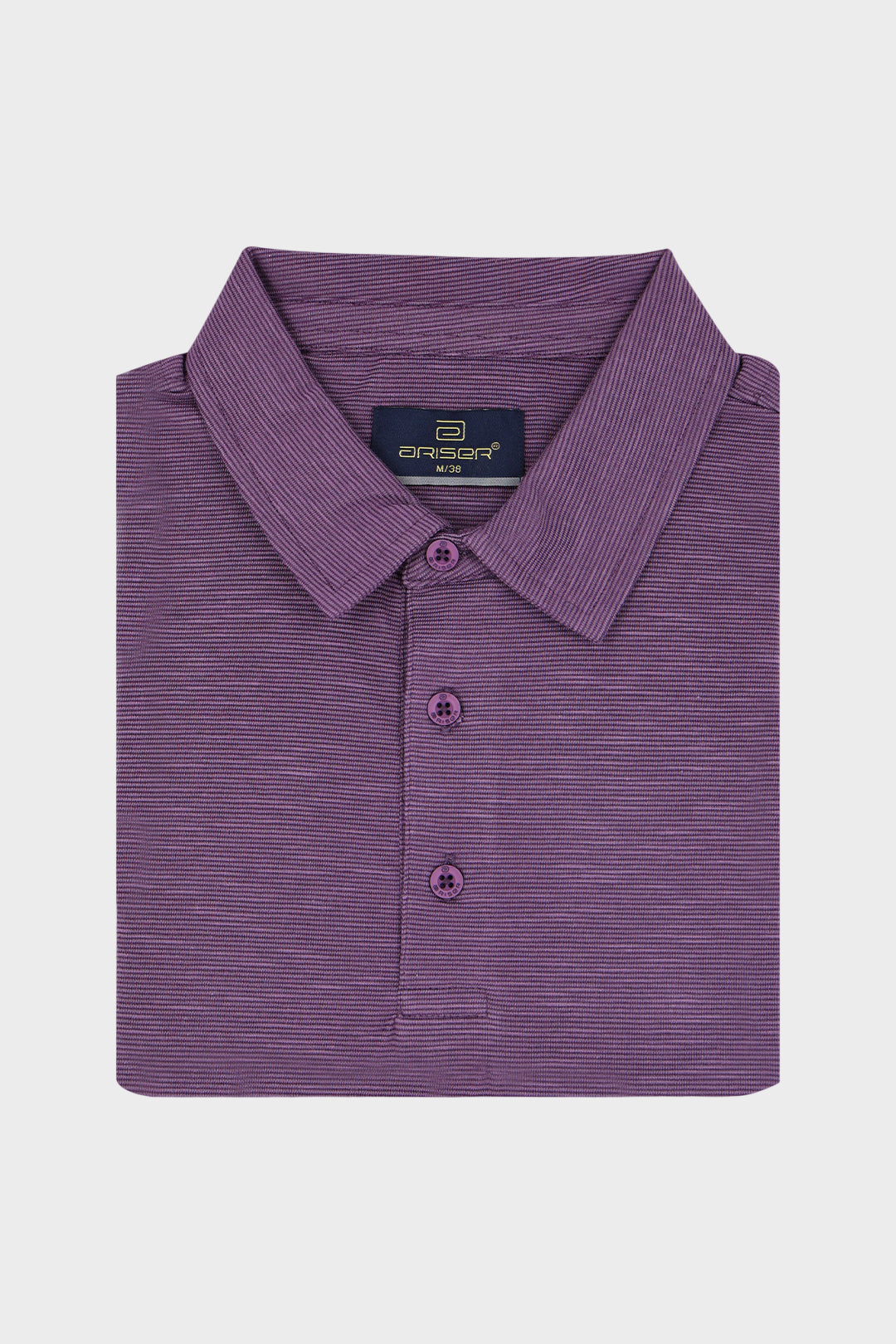 A folded purple polo shirt with a textured, fine horizontal stripe pattern, featuring a collar and three buttons, displayed on a light gray background.