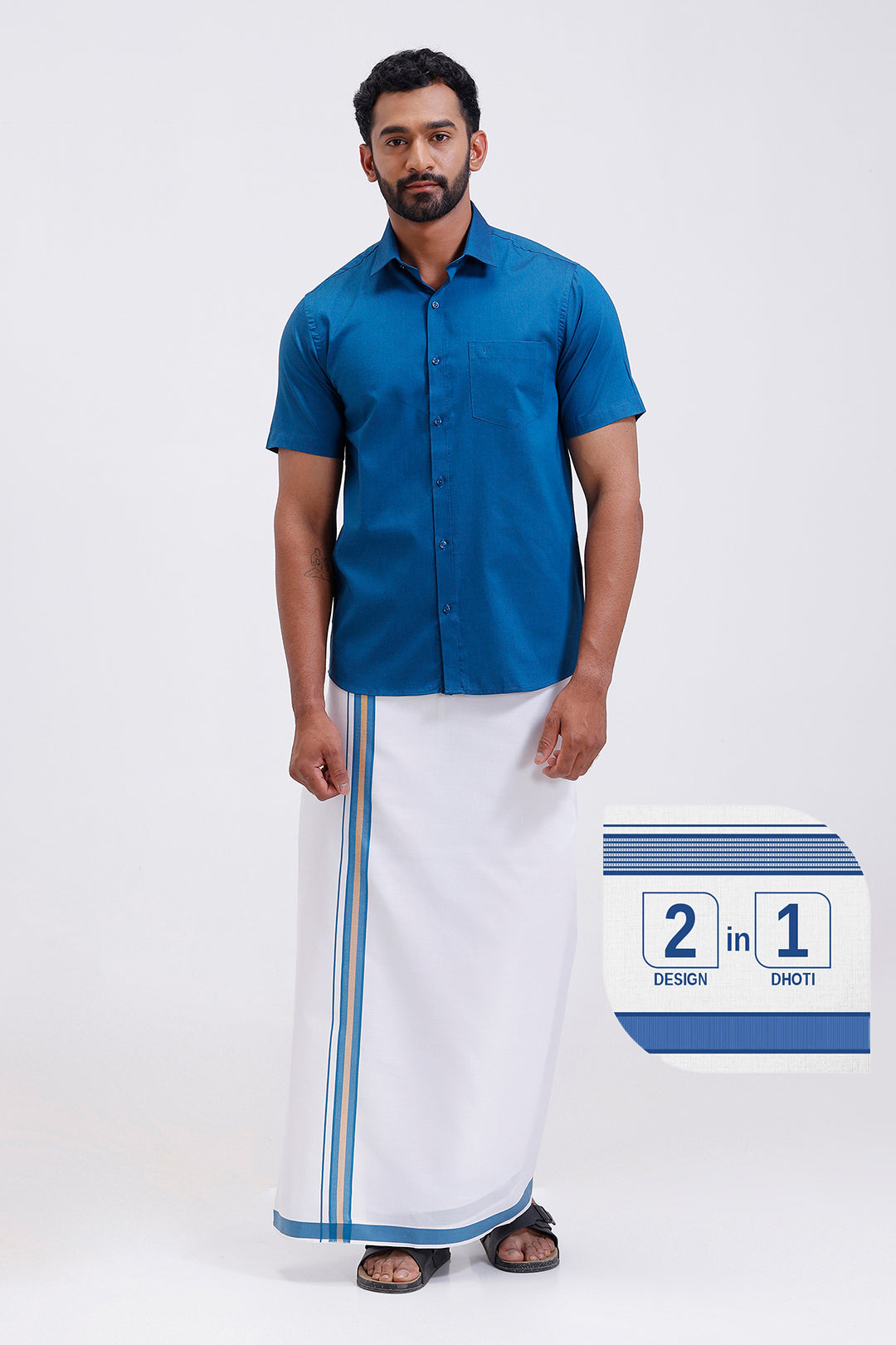 Pixel navy blue matching shirt with double design fancy border dhoti for men