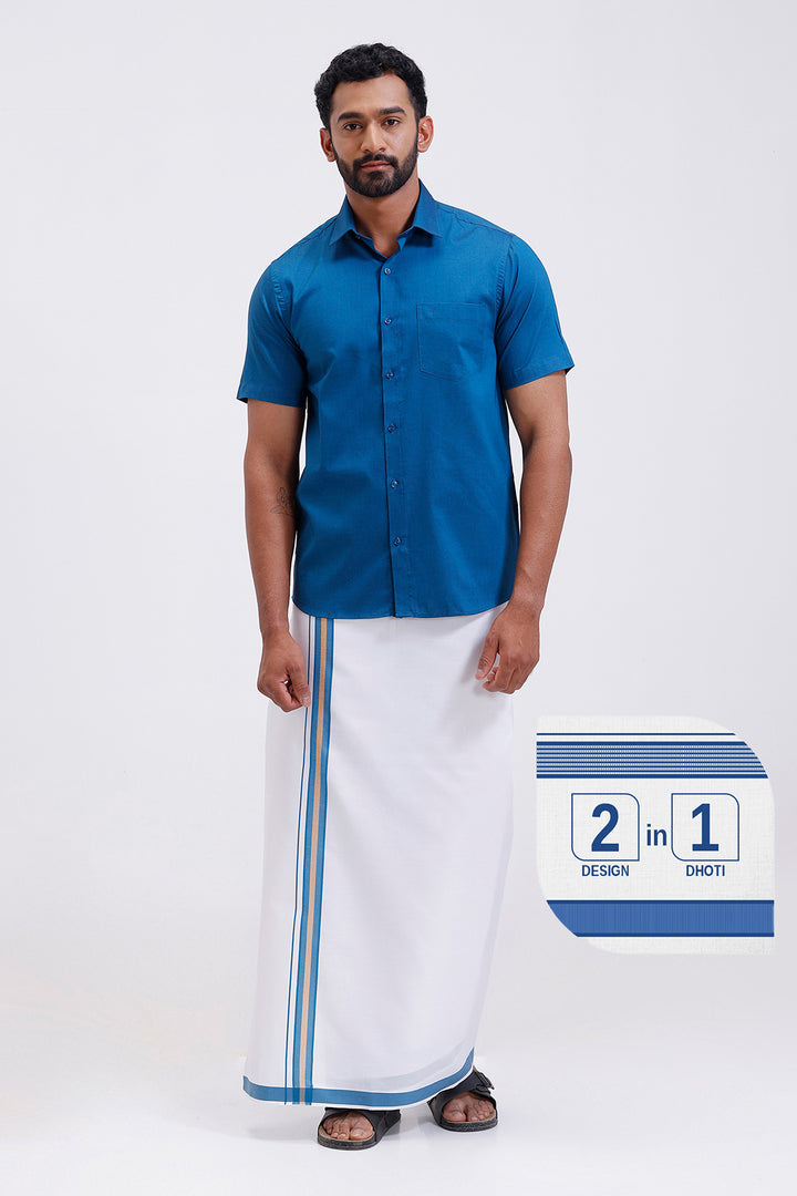 Pixel navy blue matching shirt with double design fancy border dhoti for men