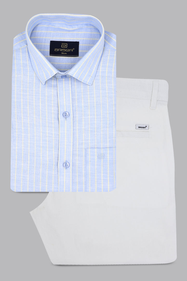 Light blue striped dress shirt and white pants on a gray background