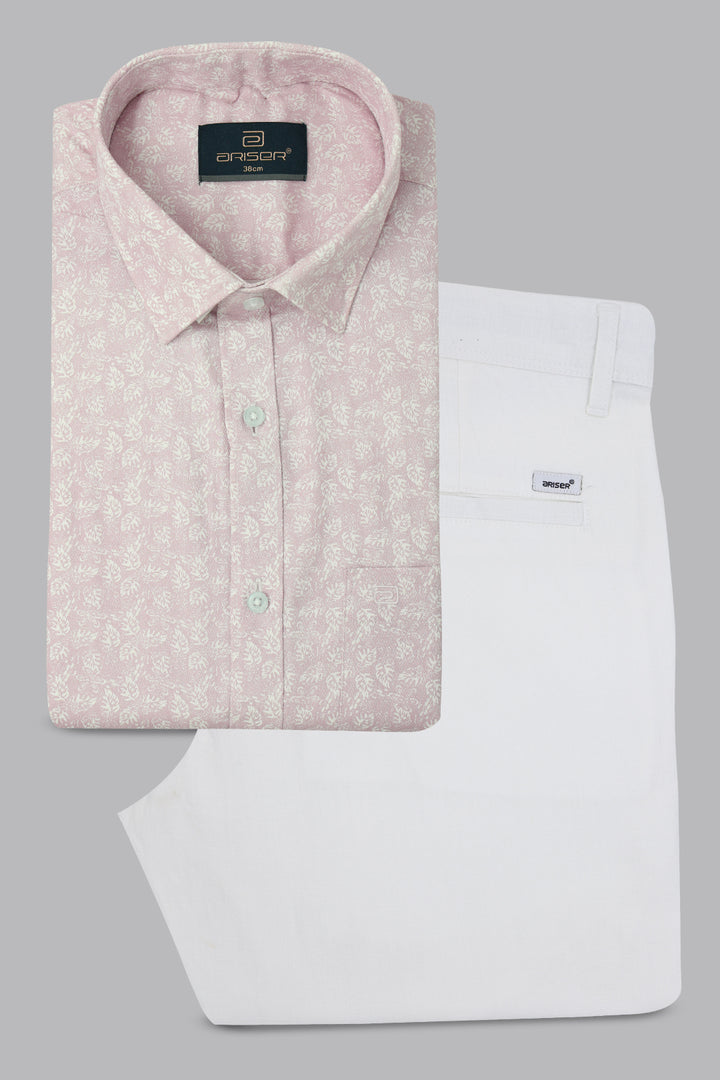 Pink patterned shirt and white pants with brand labels on a gray background
