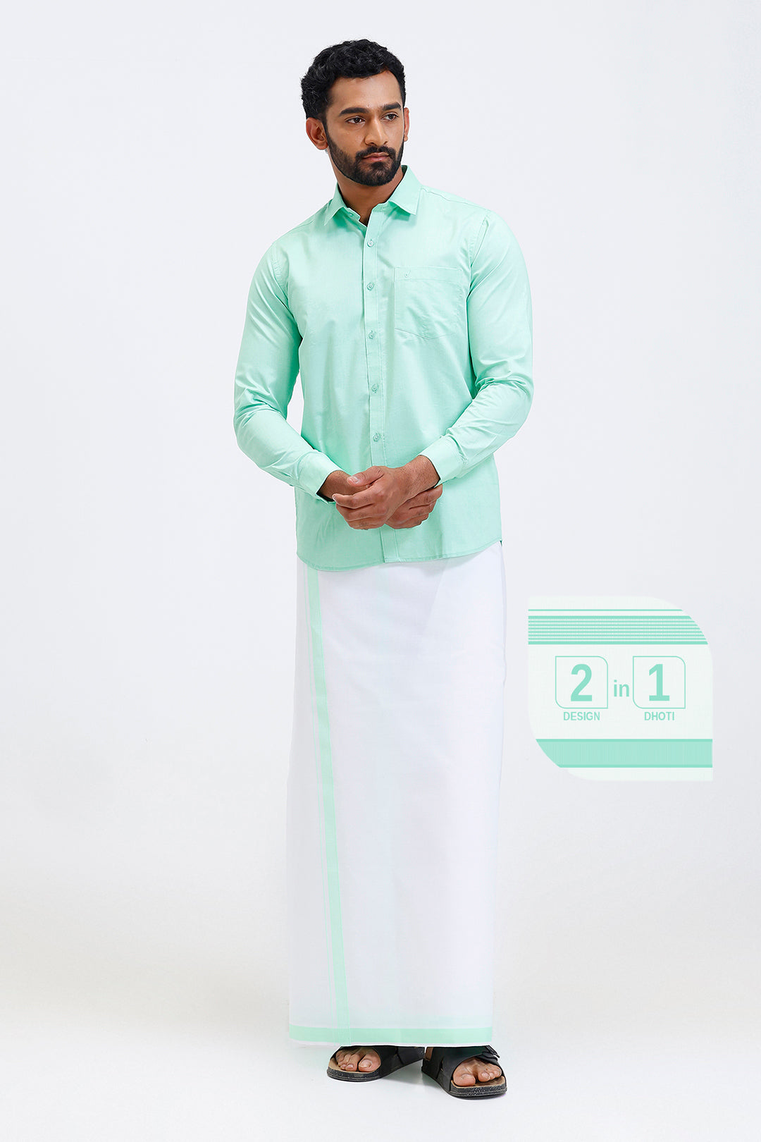 Traditional men bright green shirt and fancy border dhoti set by Uathayam