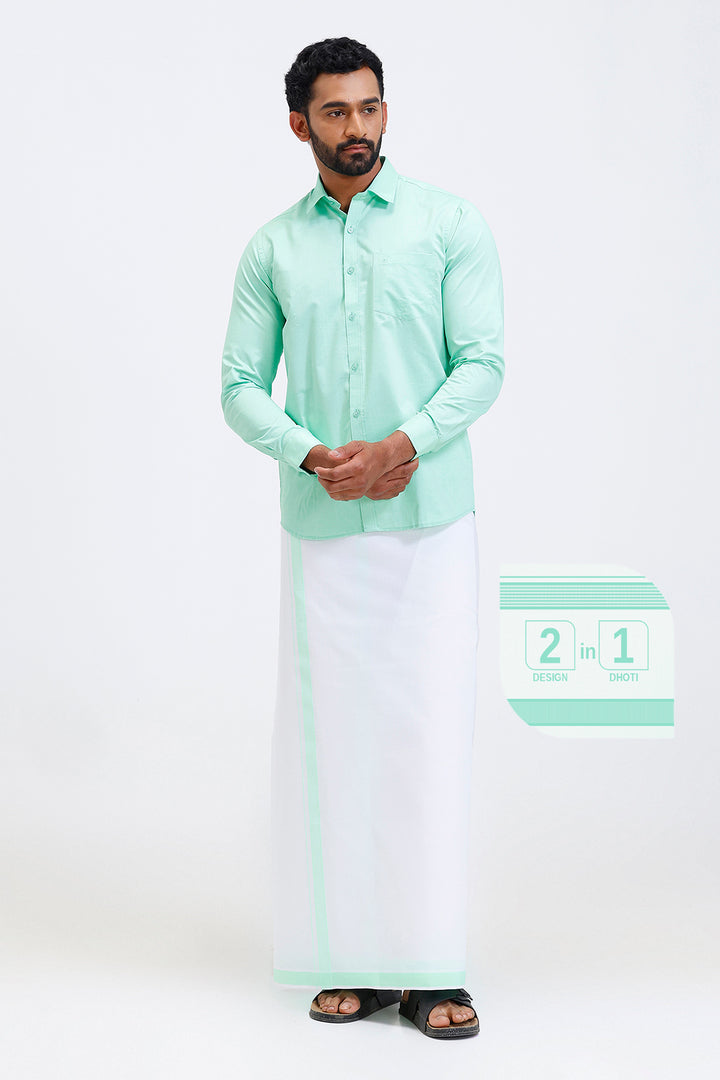 Traditional men bright green shirt and fancy border dhoti set by Uathayam