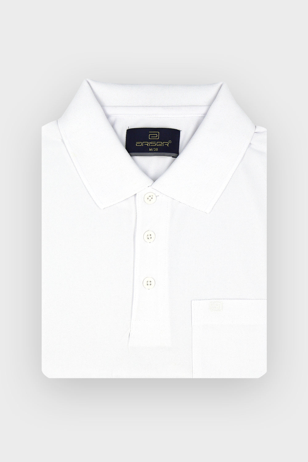 A folded white long-sleeve polo shirt with a classic collar, three-button placket, and a single chest pocket, displayed on a light gray background. The brand label inside the collar reads 'ARISER