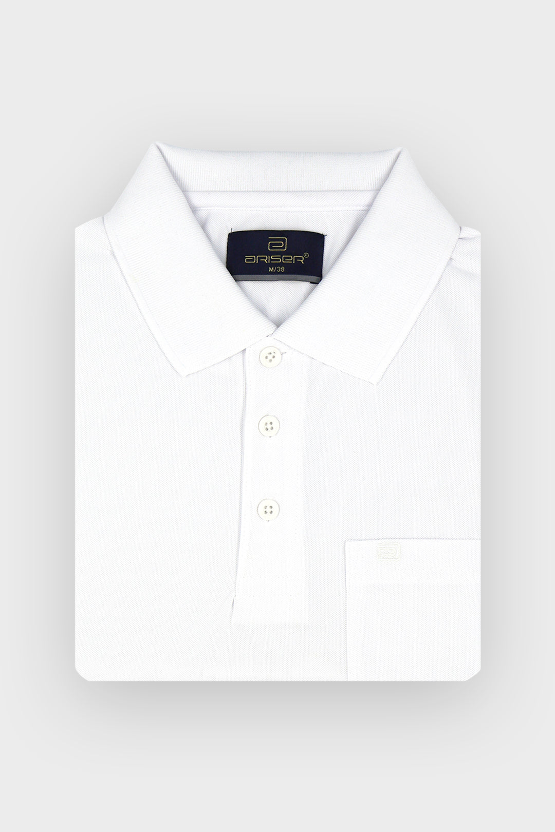 A folded white long-sleeve polo shirt with a classic collar, three-button placket, and a single chest pocket, displayed on a light gray background. The brand label inside the collar reads 'ARISER