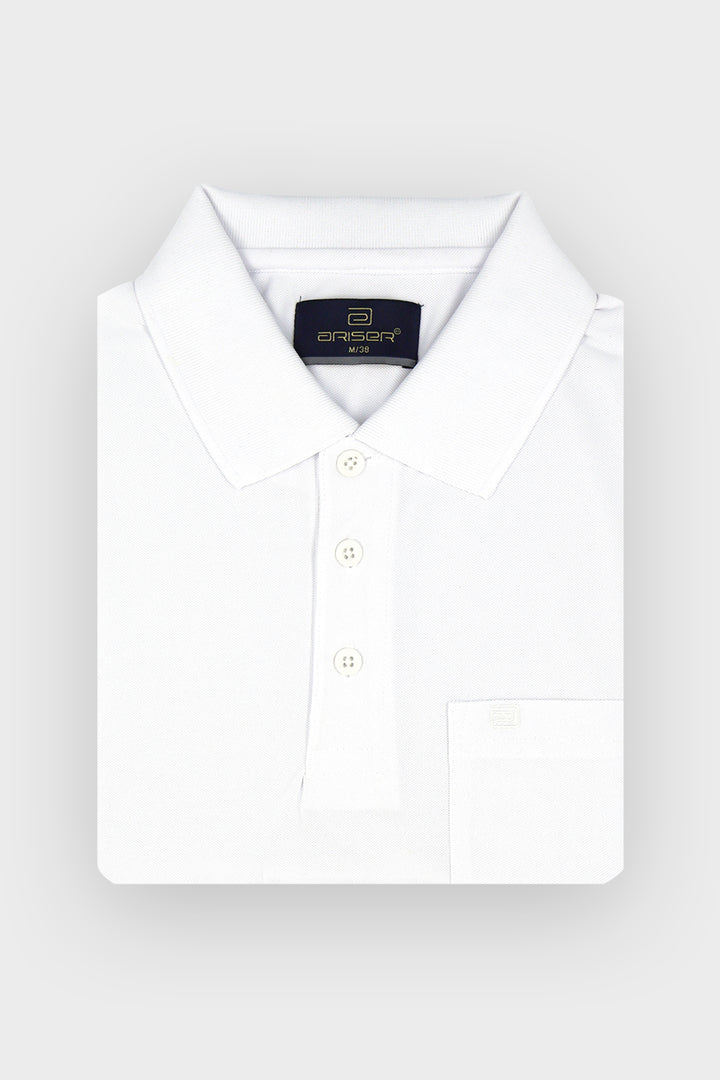 A folded white long-sleeve polo shirt with a classic collar, three-button placket, and a single chest pocket, displayed on a light gray background. The brand label inside the collar reads 'ARISER