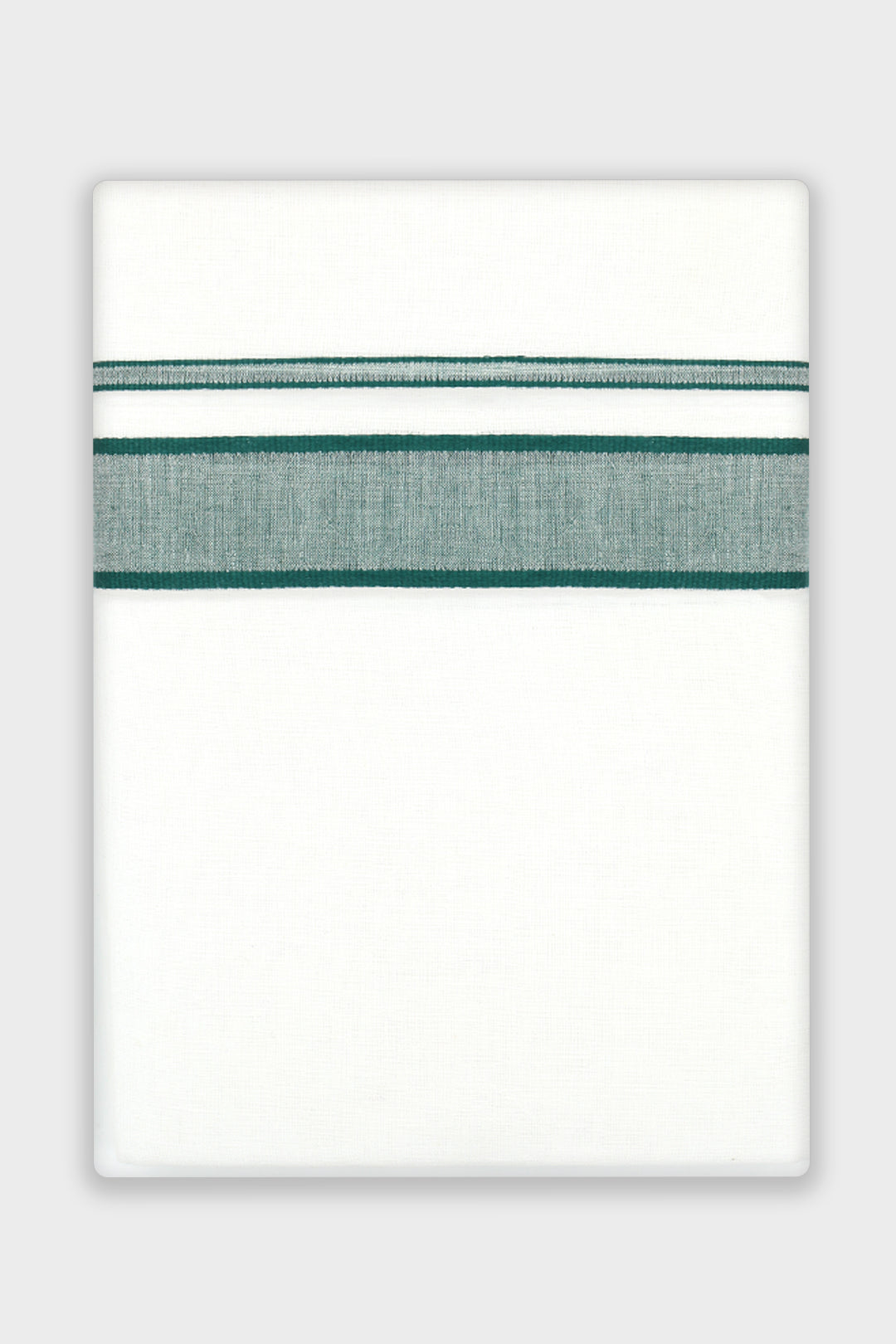 A white rectangular fabric item, likely a towel or blanket, featuring two horizontal stripes near the top: one thin dark green stripe and one wider textured sage green stripe.