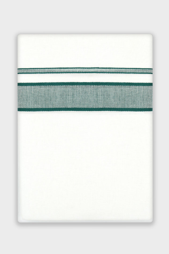 A white rectangular fabric item, likely a towel or blanket, featuring two horizontal stripes near the top: one thin dark green stripe and one wider textured sage green stripe.