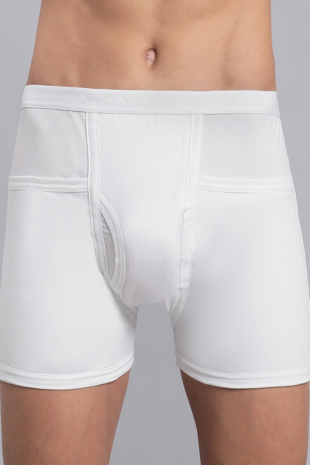 White men’s trunks with branded outer elastic waistband