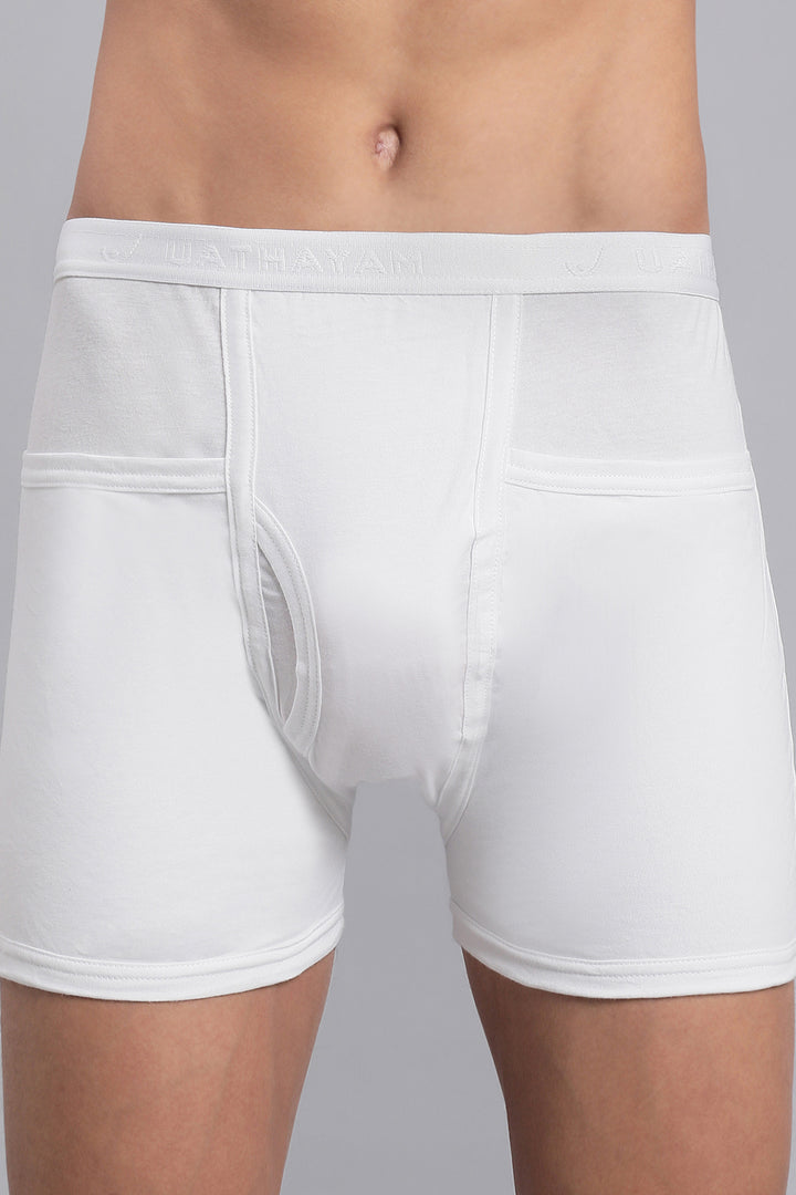 White men’s trunks with branded outer elastic waistband