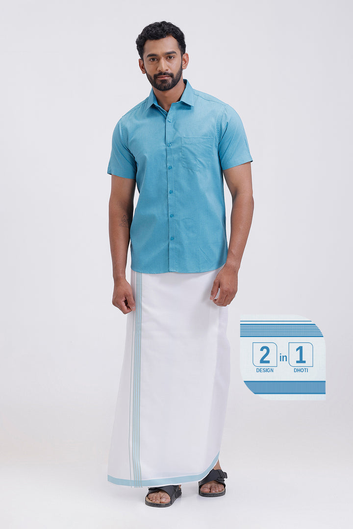 Traditional men ramar blue shirt and fancy border dhoti set by Uathayam
