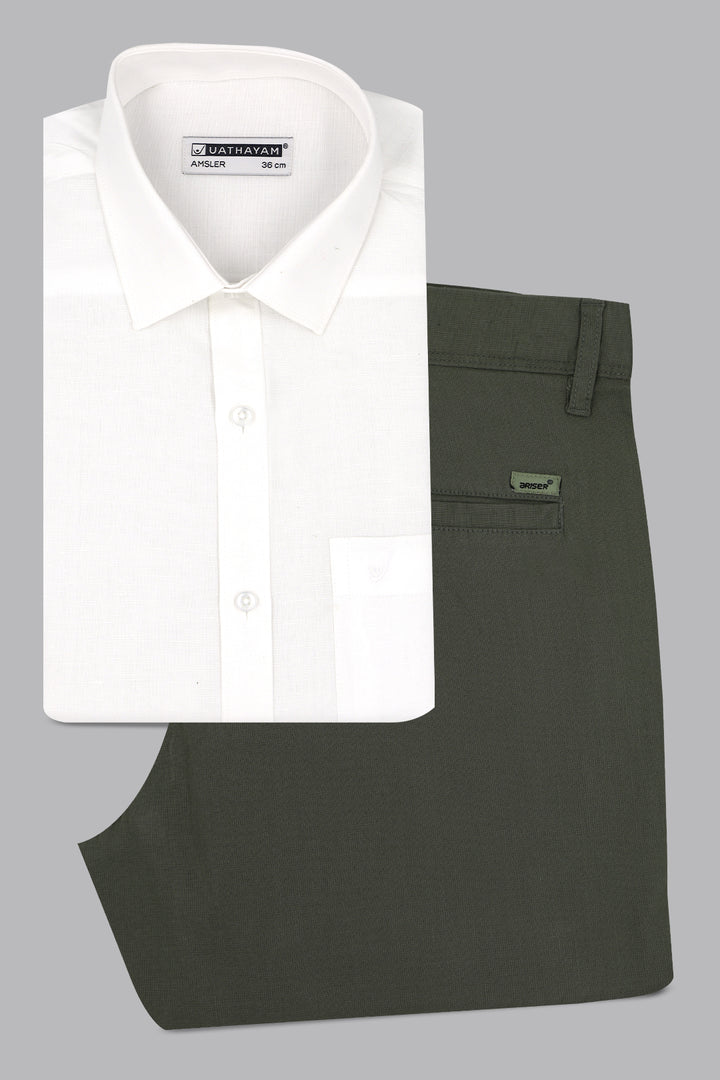 White dress shirt and green pants on a gray background