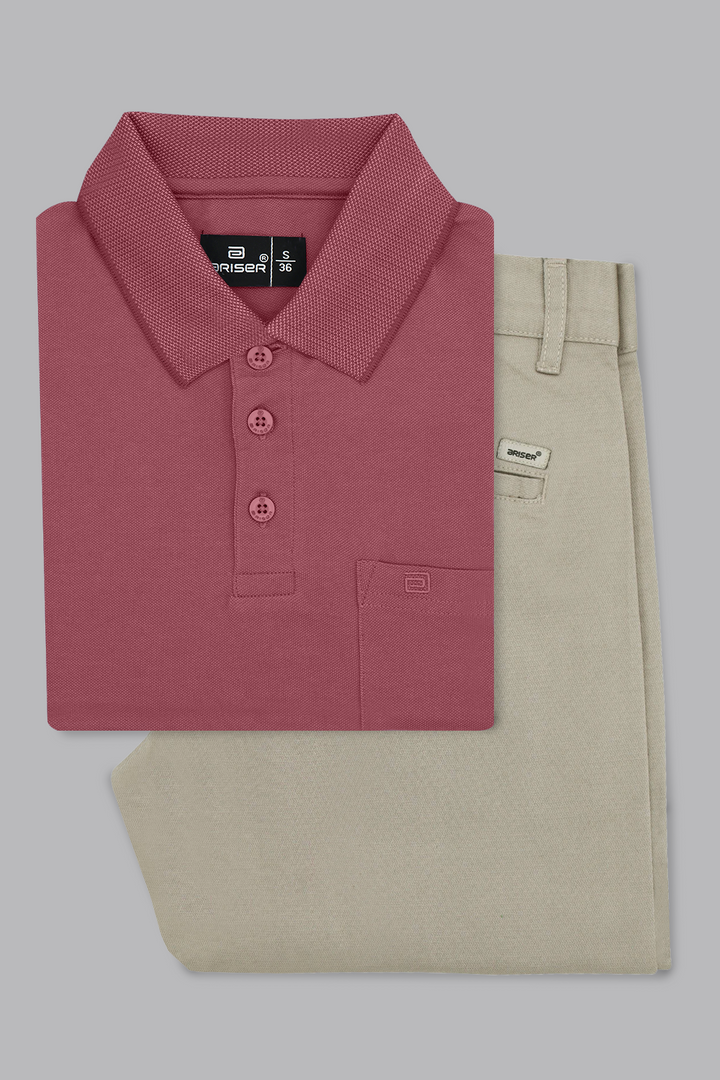 Cherry red polo t-shirt with steel gray trouser combo for men