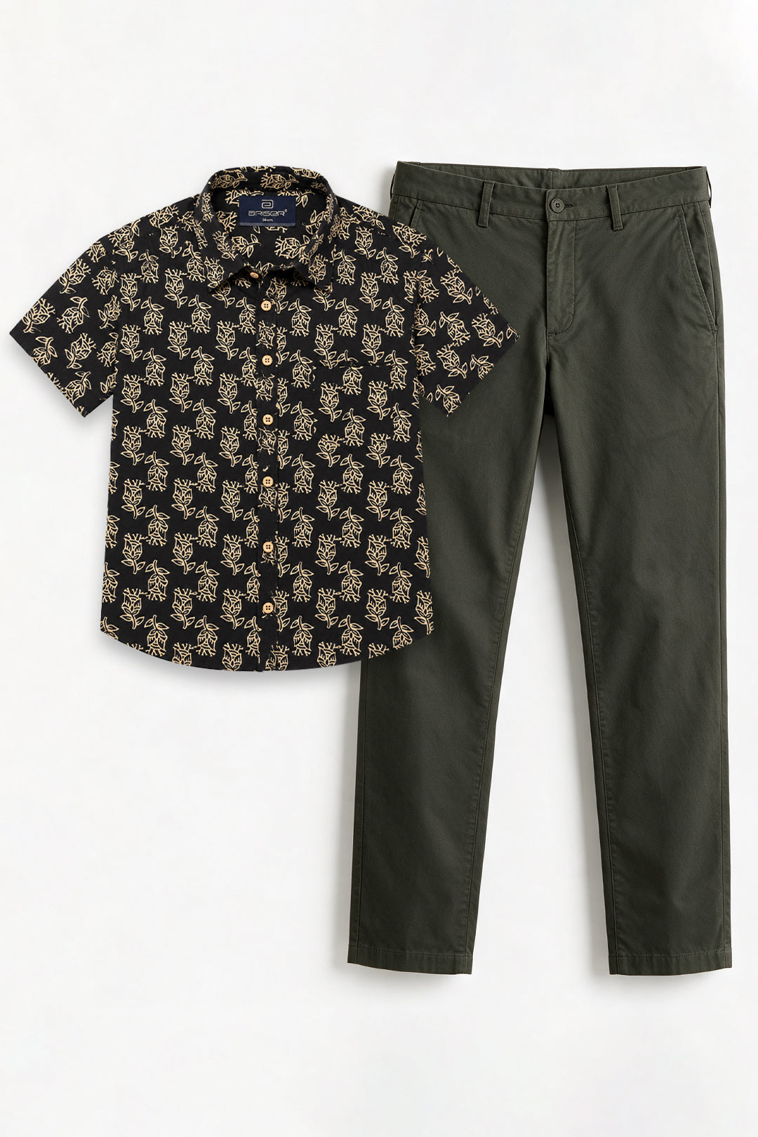 Congo + Basic Chino - Jet Black Shirt With Deep Army Green Trouser Combo For Men | Ariser