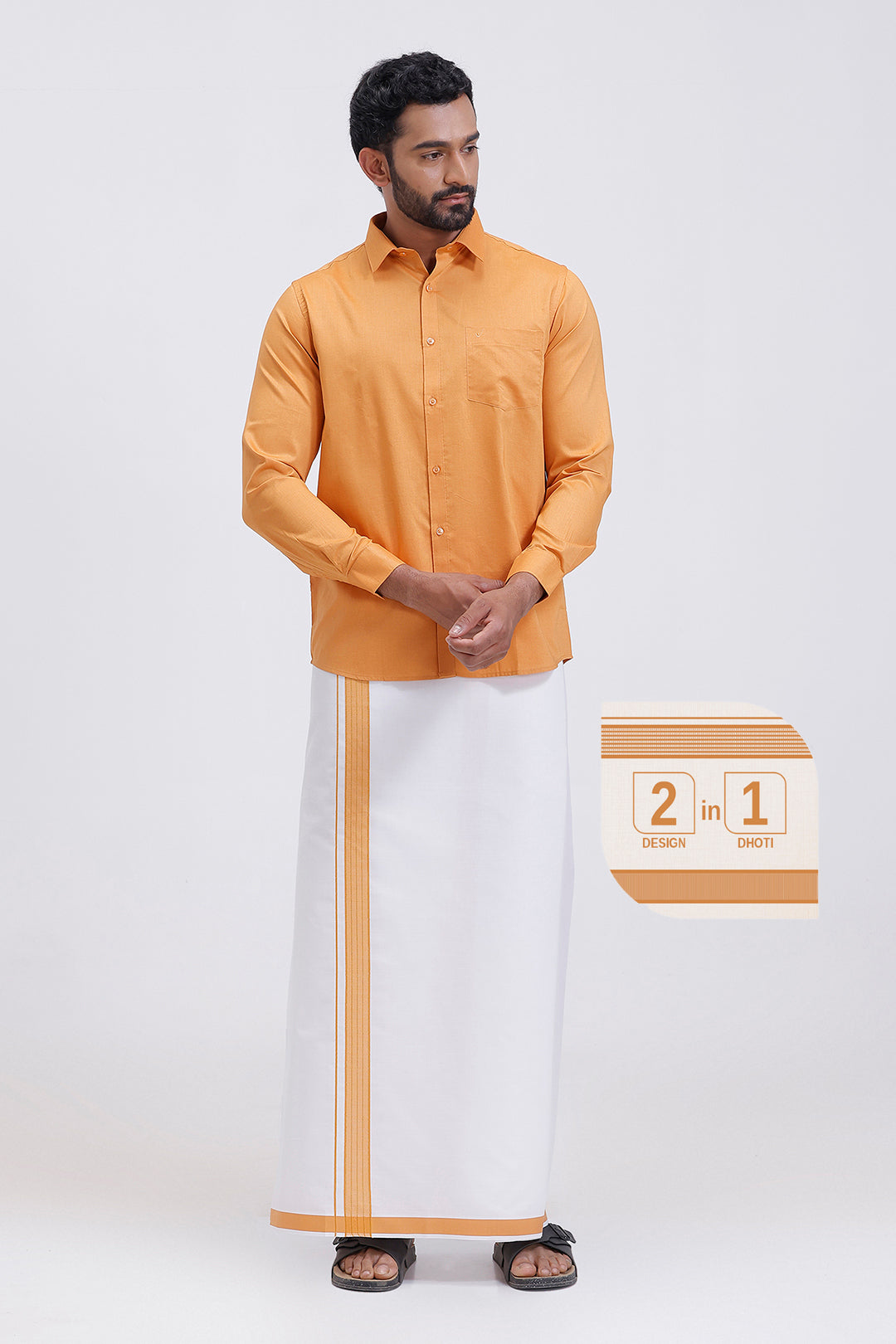 Traditional men mustard gold shirt and fancy border dhoti set by Uathayam