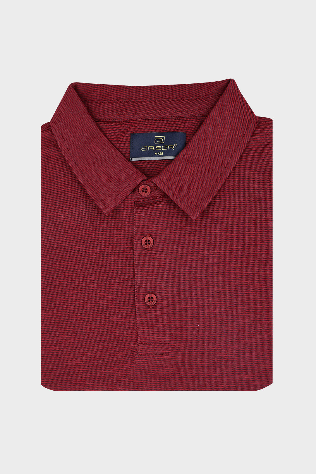 A folded men's polo shirt in a heathered dark red color, featuring a classic collar, three-button.