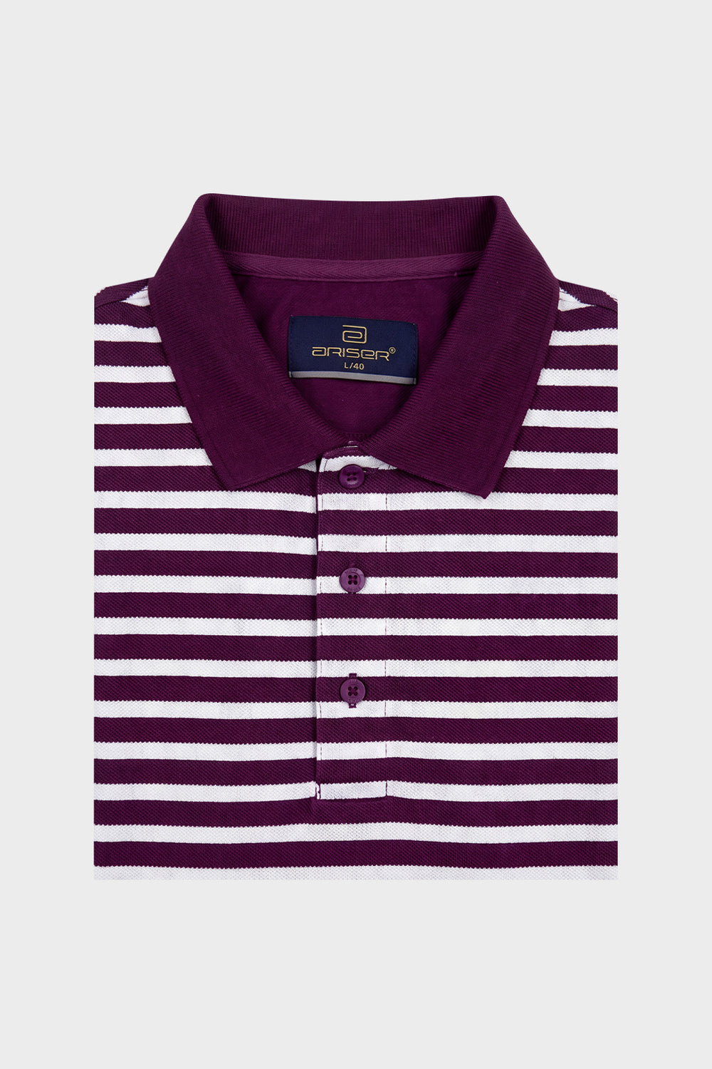 A folded polo shirt with horizontal white and deep purple stripes, featuring a solid deep purple collar and three matching purple buttons. 