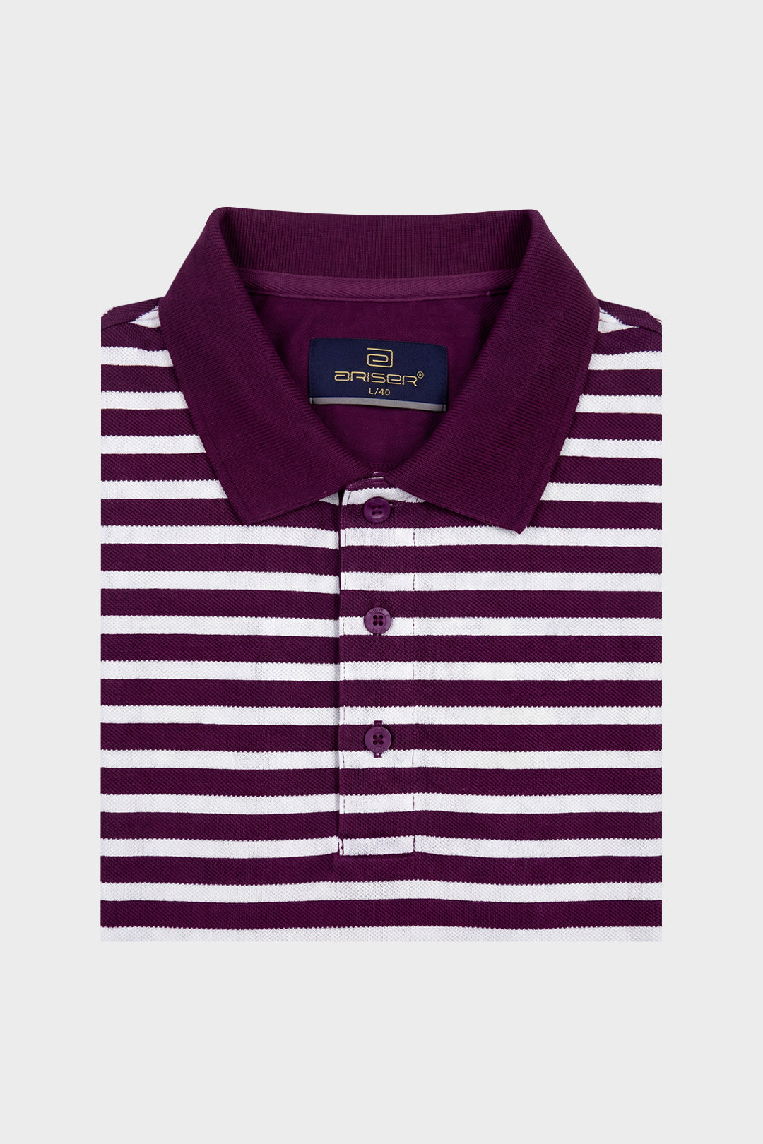 A folded polo shirt with horizontal white and deep purple stripes, featuring a solid deep purple collar and three matching purple buttons. 