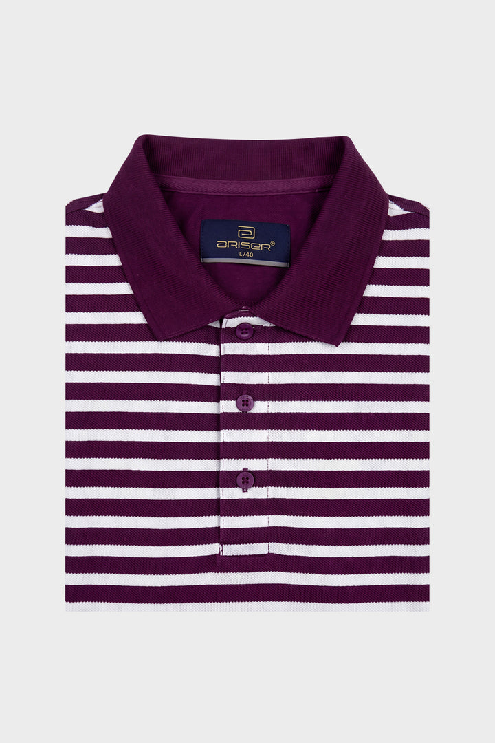 A folded polo shirt with horizontal white and deep purple stripes, featuring a solid deep purple collar and three matching purple buttons. 