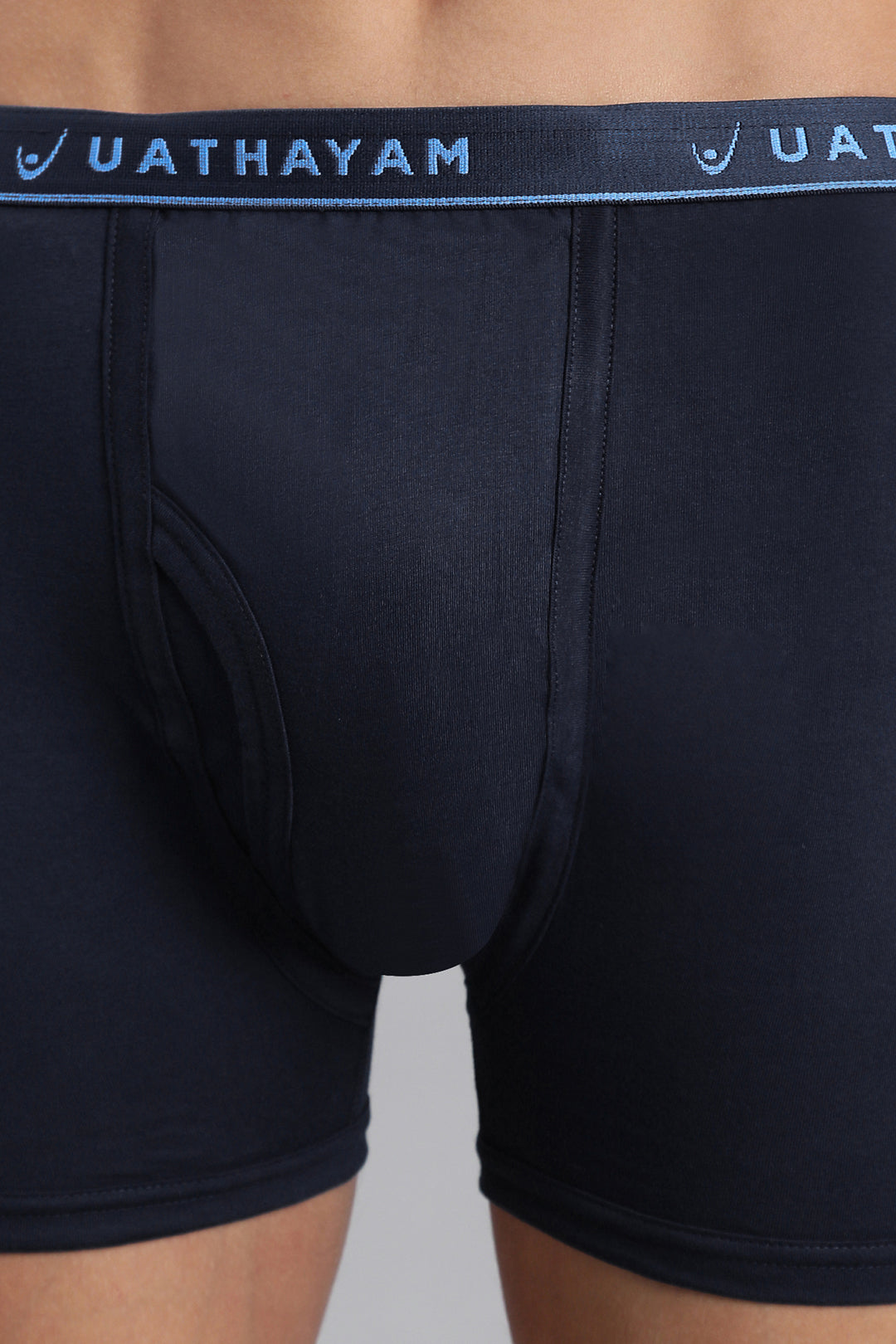 Ink blue men’s trunks with branded outer elastic waistband