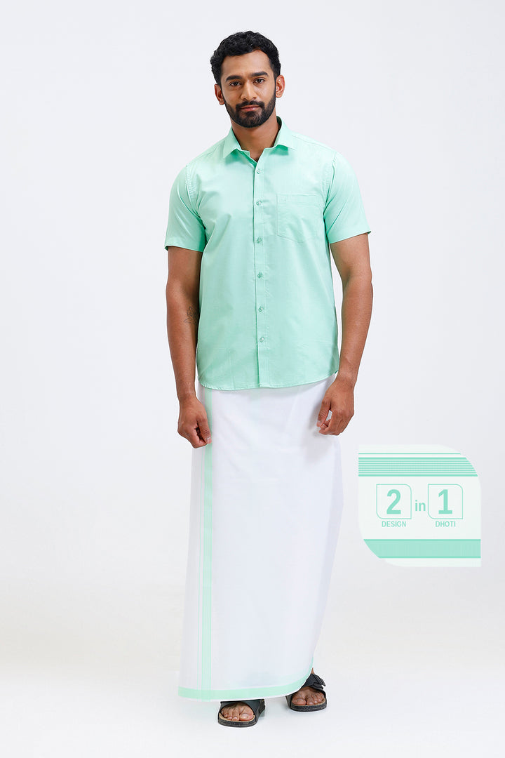 Pixel bright green matching shirt with double design fancy border dhoti for men