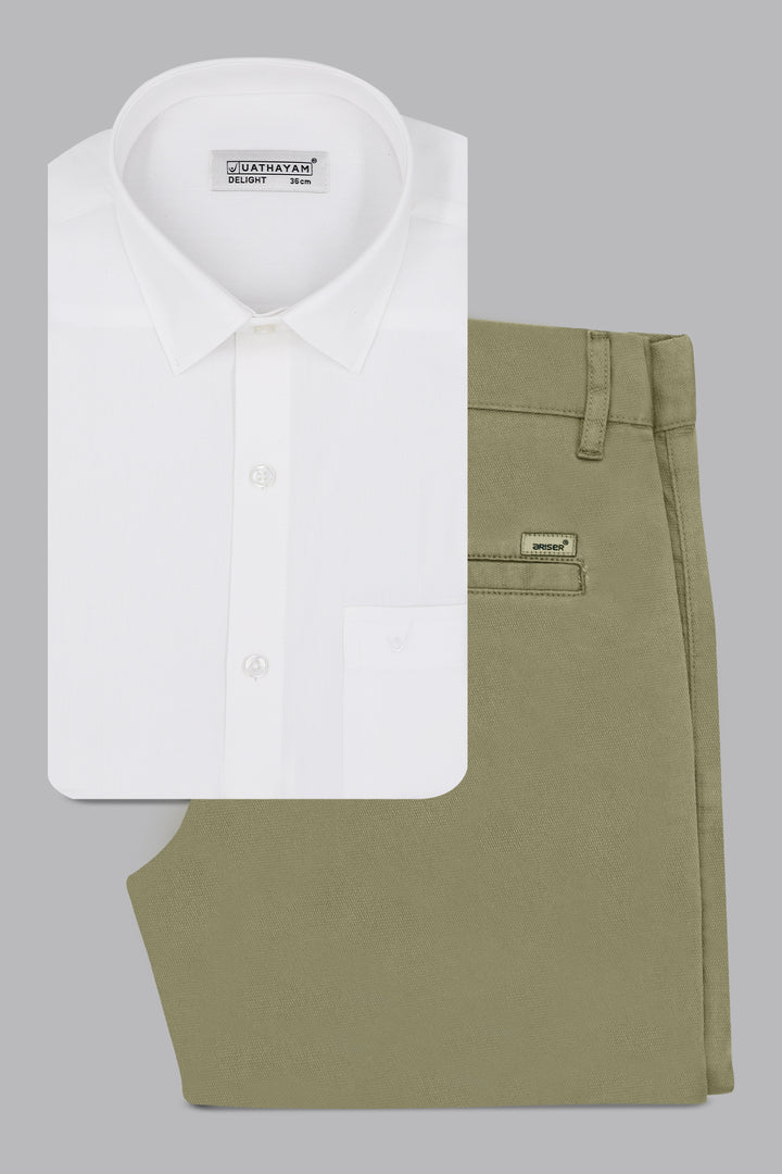 white shirt olive green trousers